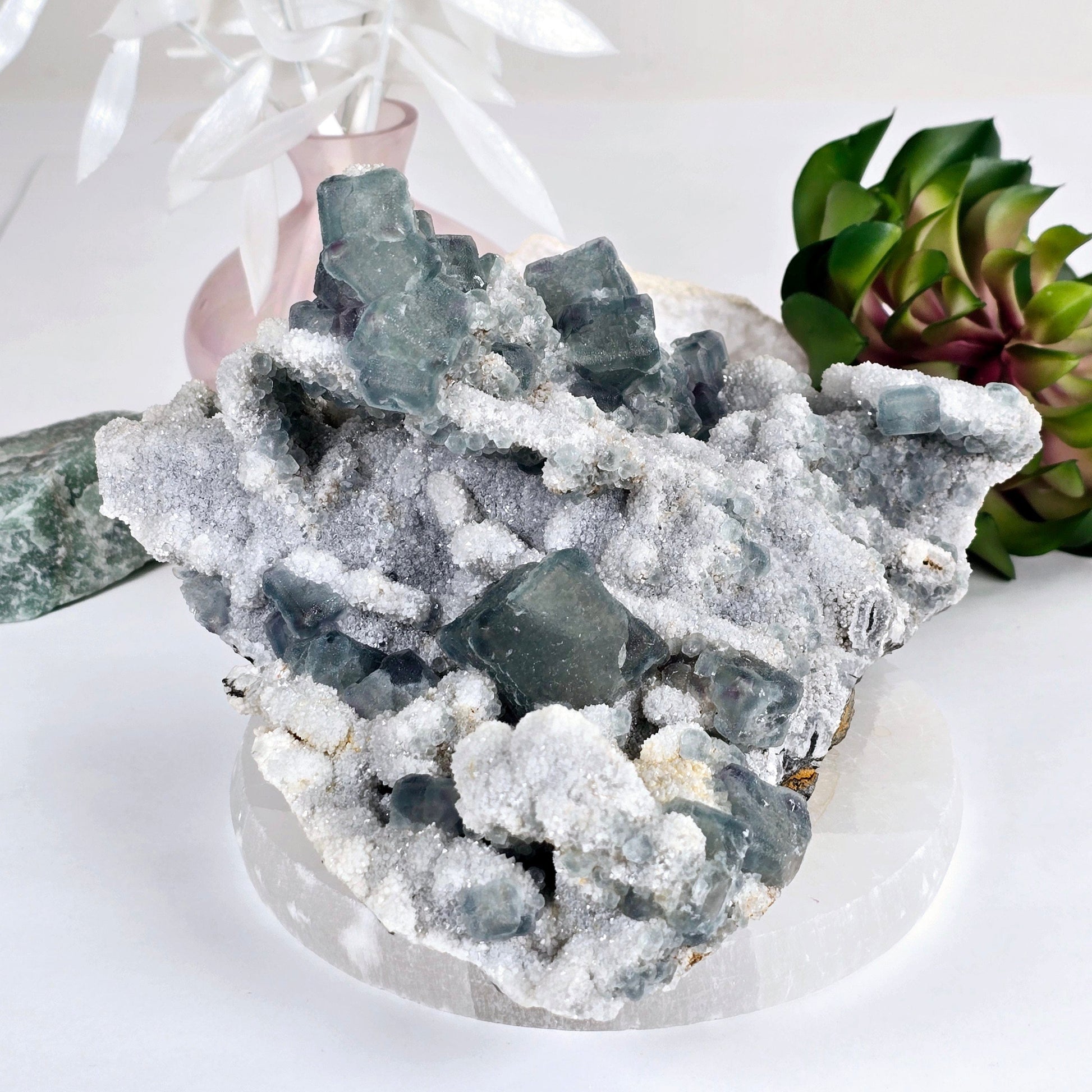 Cubic Green Fluorite on Crystal Quartz Matrix - Rare Find - One-of-a-Kind side view