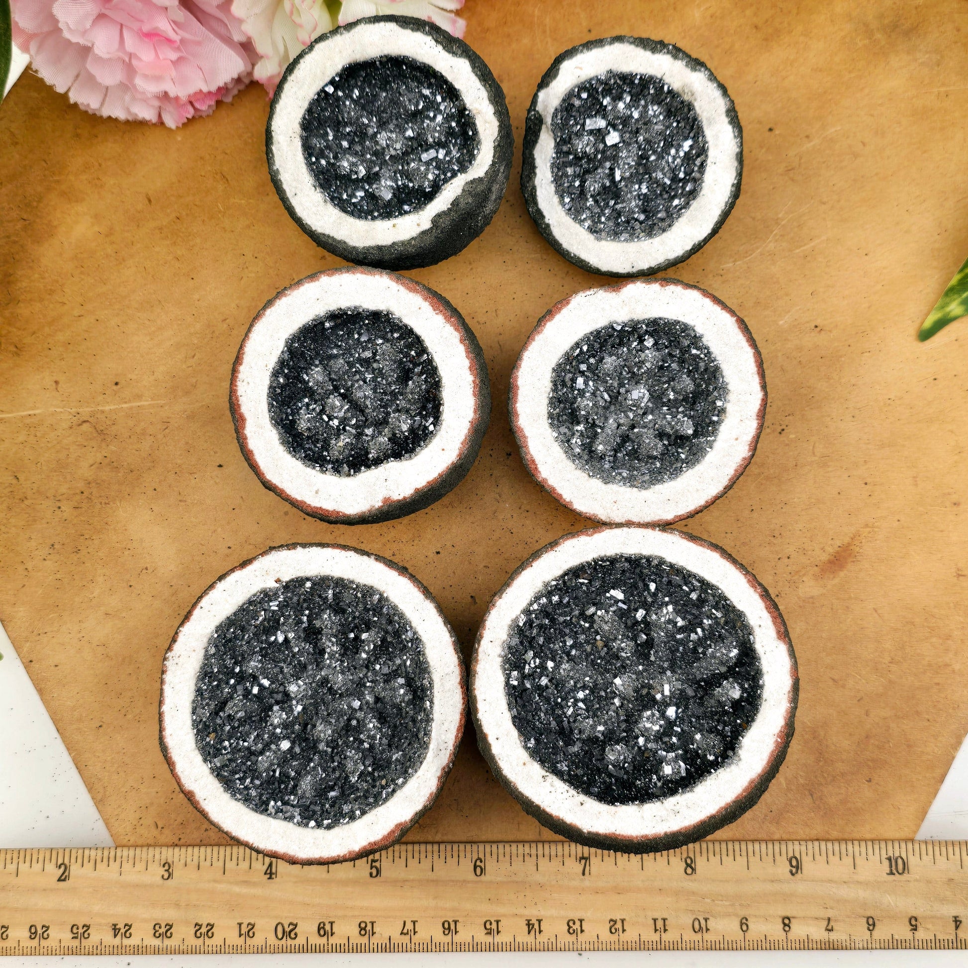 Galena Crystal Geode Pair from Morocco - Manmade three pairs with ruler for size reference