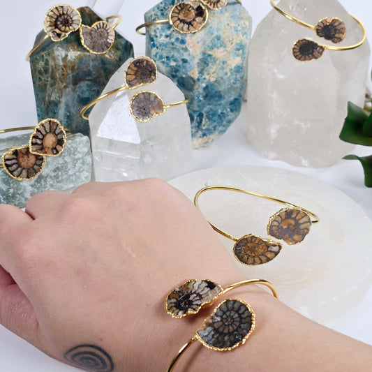Ammonite with Hematite Pair Bracelet - Gold Fill Fossil Bangle - You Choose variant 1 on wrist for size reference with others on crystals in the background