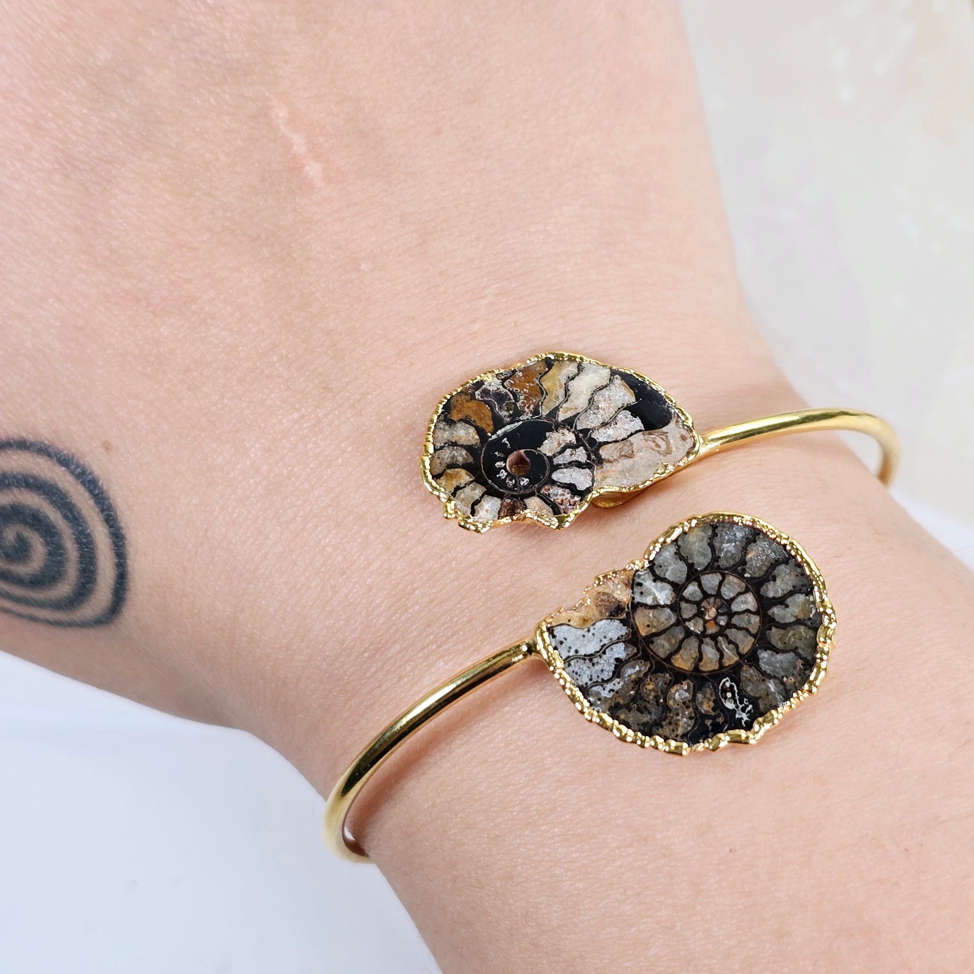Ammonite with Hematite Pair Bracelet - Gold Fill Fossil Bangle - You Choose closeup variant 1 on wrist