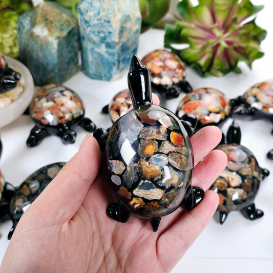 Opal Crystal and Resin Turtle - Small - You Choose one variant in hand for size reference with other variants in the background with props and plants