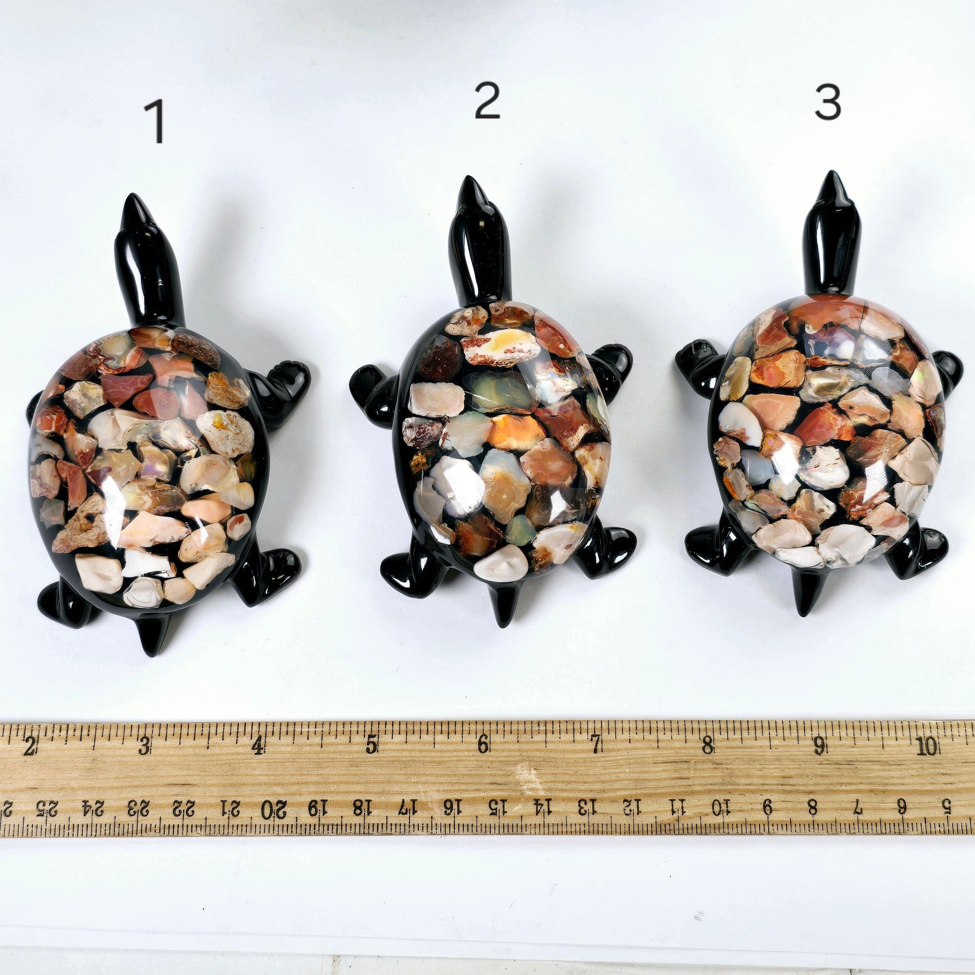 Opal Crystal and Resin Turtle - Small - You Choose variants 1, 2, and 3 labeled with ruler for size reference