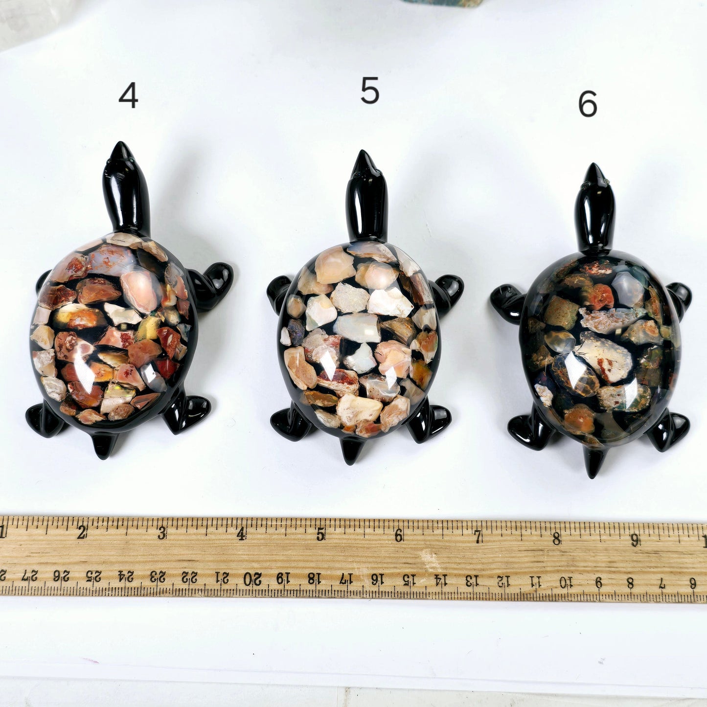 Opal Crystal and Resin Turtle - Small - You Choose variants 4, 5, and 6 labeled with ruler for size reference