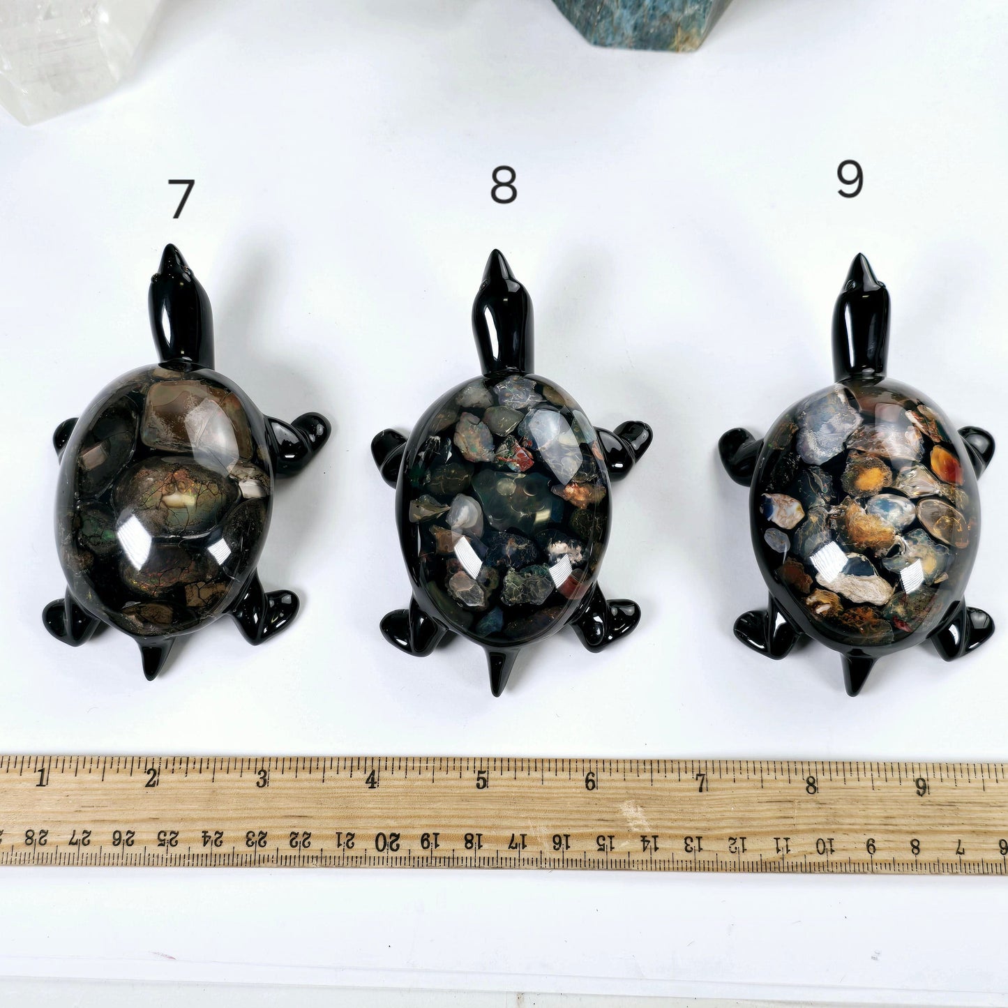 Opal Crystal and Resin Turtle - Small - You Choose variant 7, 8, and 9 labeled with ruler for size reference