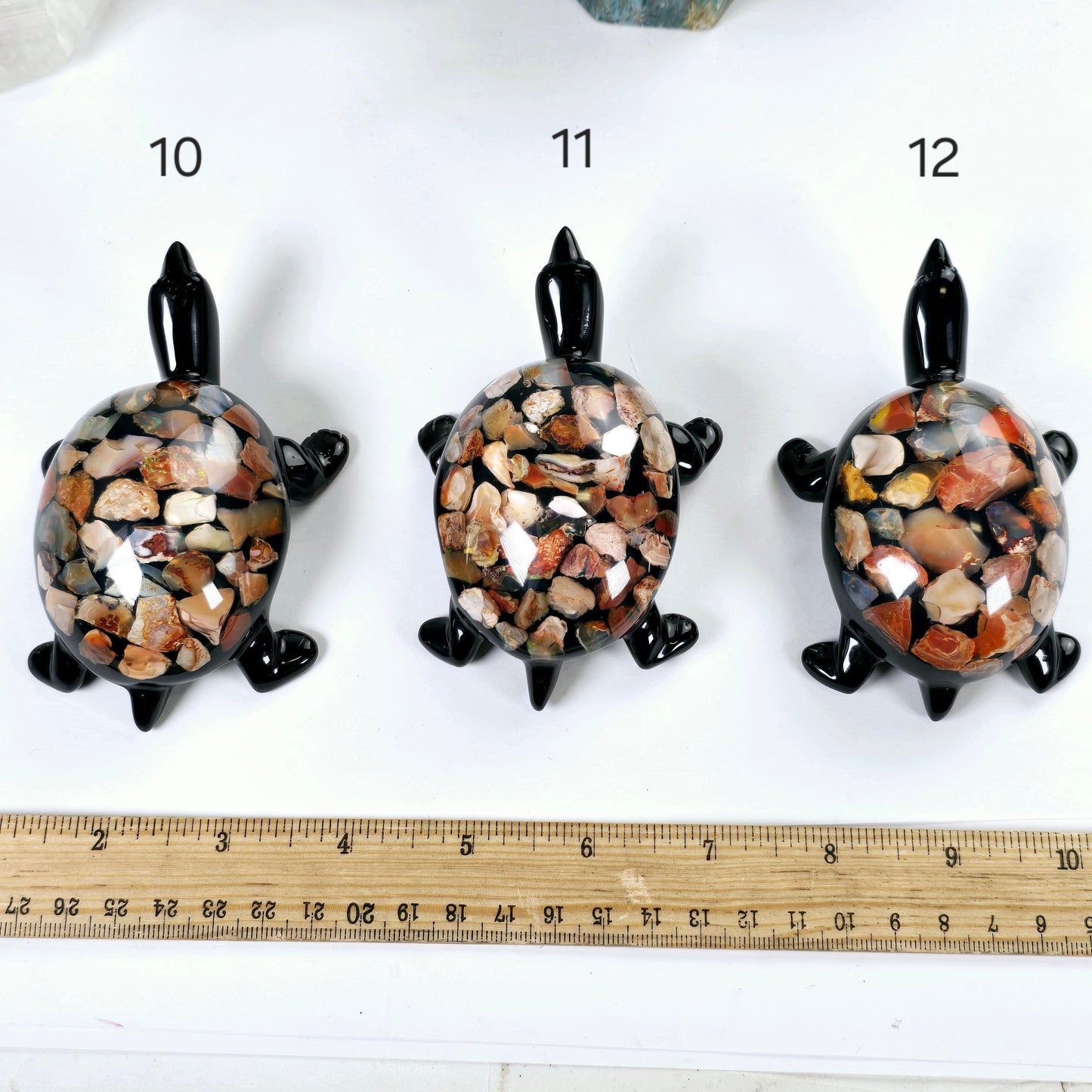 Opal Crystal and Resin Turtle - Small - You Choose variants 10, 11, and 12 labeled with ruler for size reference