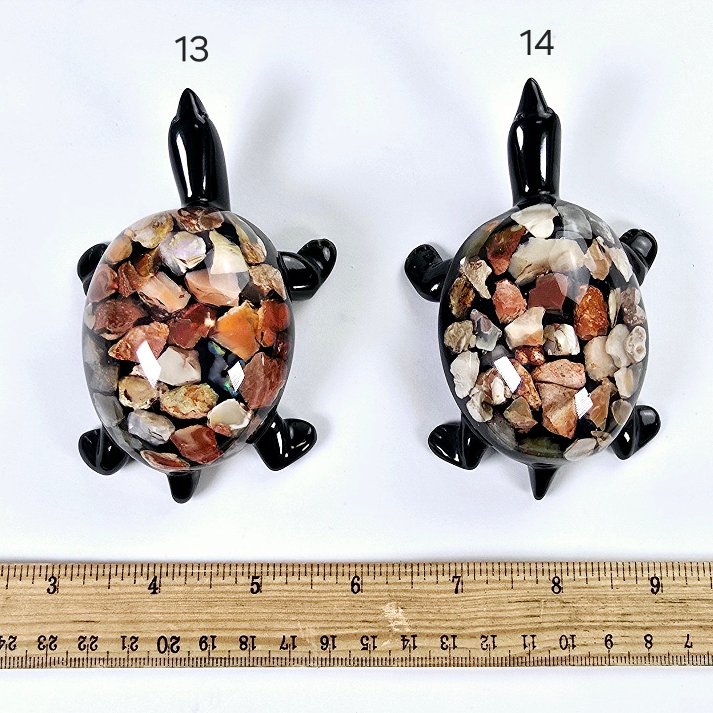 Opal Crystal and Resin Turtle - Small - You Choose variants 13 and 14 labeled with ruler for size reference