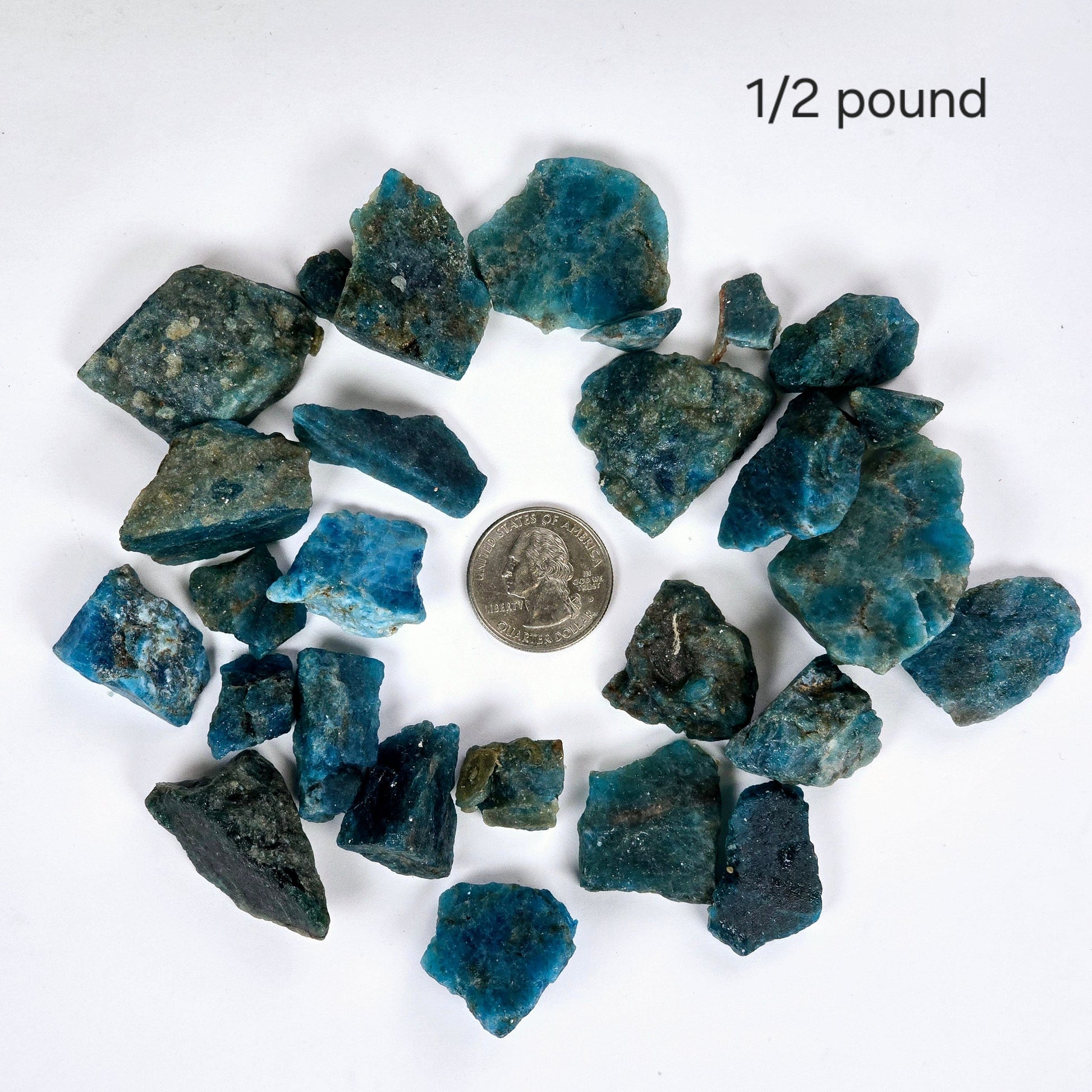 Apatite - Rough Stones - Assorted Sizes - 1/2 lb or 1 lb 1/2 pound variant labeled with quarter for size reference