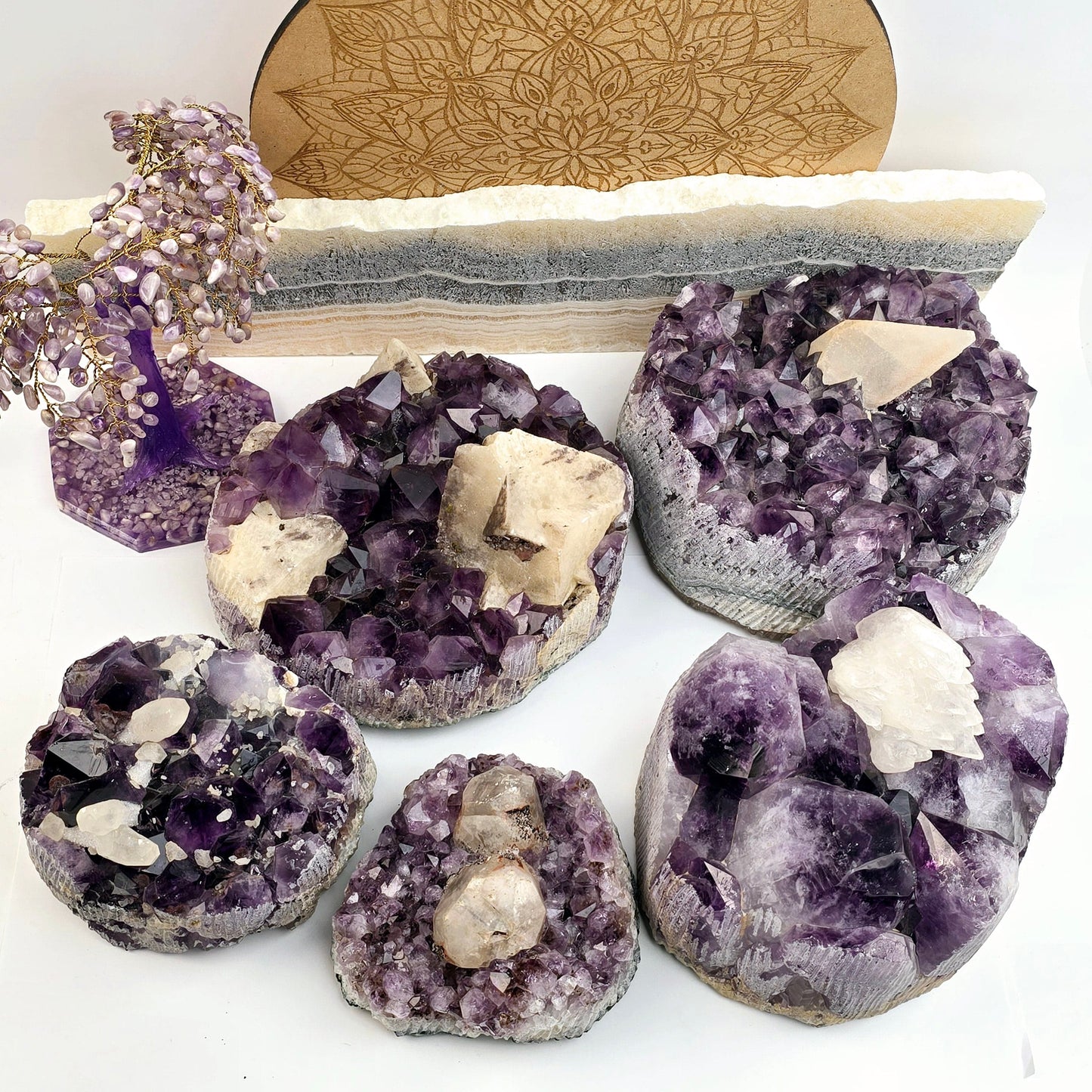 Amethyst with Calcite - Large Crystal Cluster - You Choose #1 all variants with props and plants in the background top view