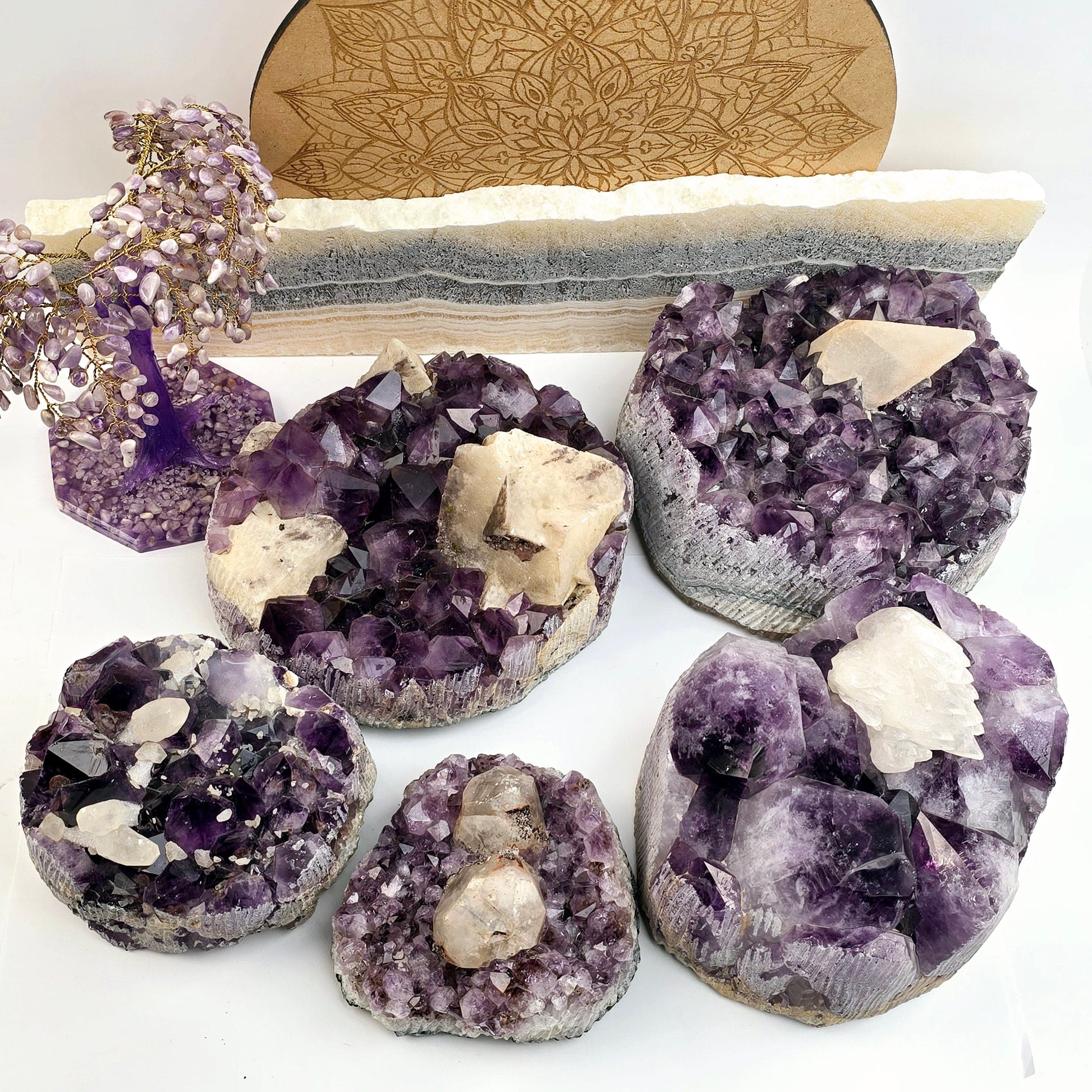 Amethyst with Calcite - Large Crystal Cluster - You Choose #1 all variants with props and plants in the background top view