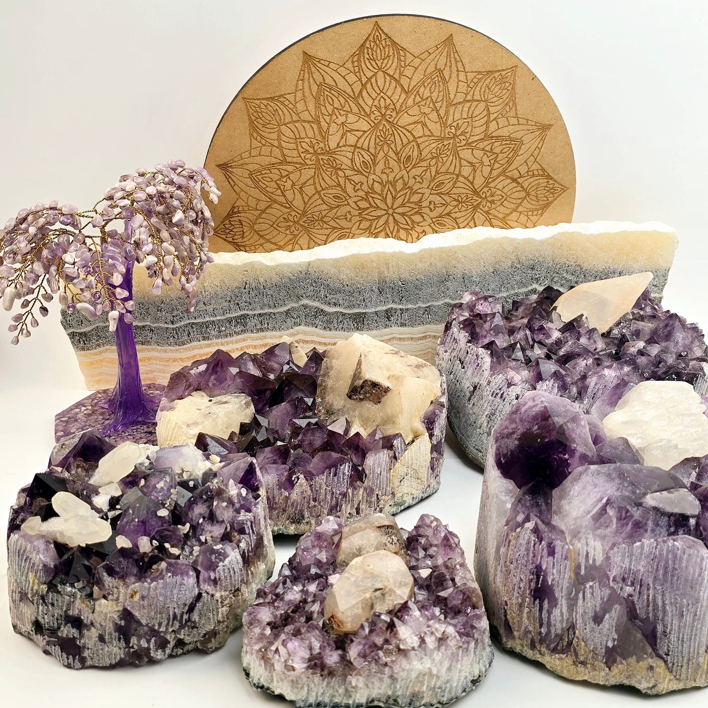 Amethyst with Calcite - Large Crystal Cluster - You Choose #1 all variants with props and plants in the background side view
