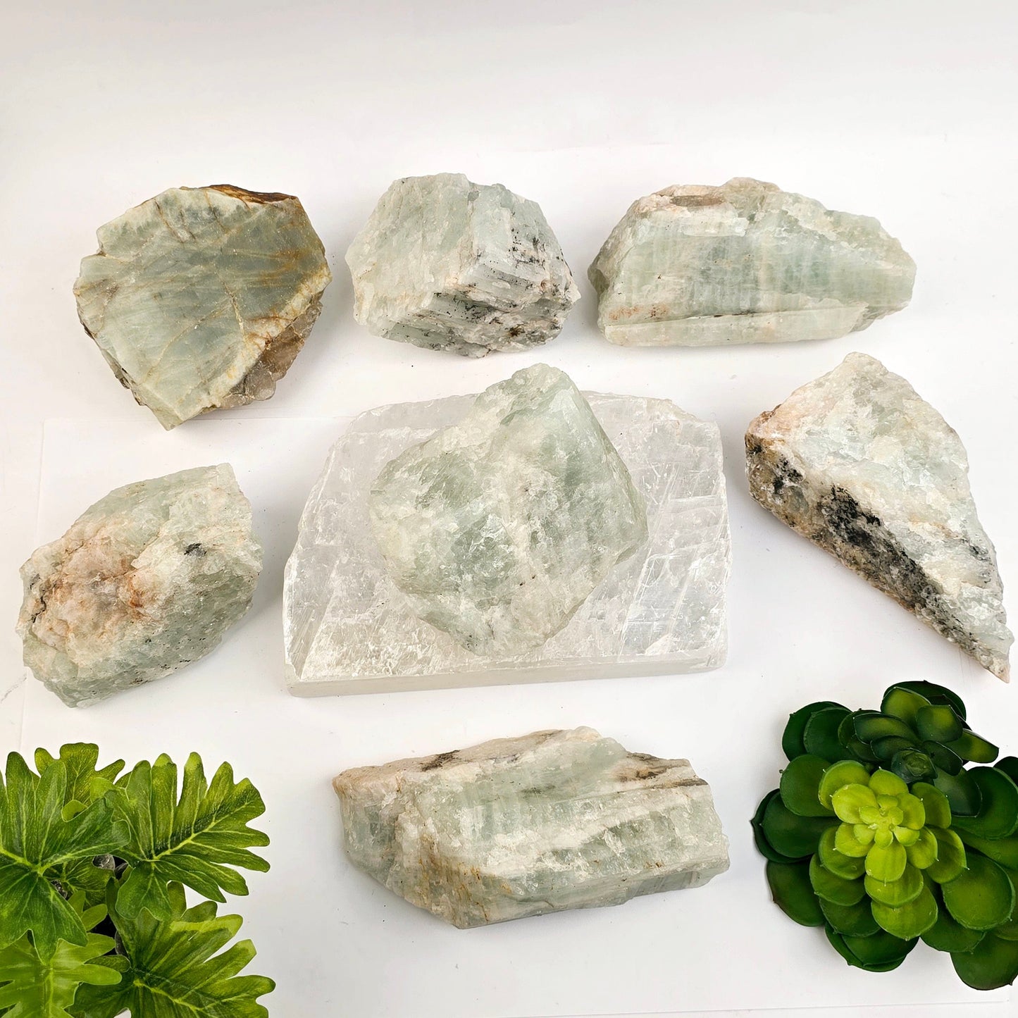 Aquamarine Rough Crystal - You Choose #1 all variants with props and plants top view