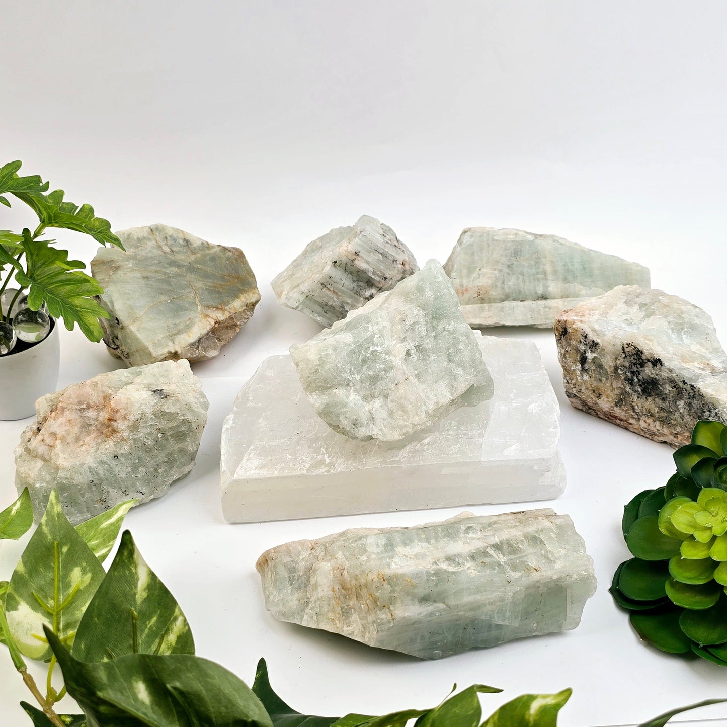 Aquamarine Rough Crystal - You Choose #1 all variants with props and plants side view