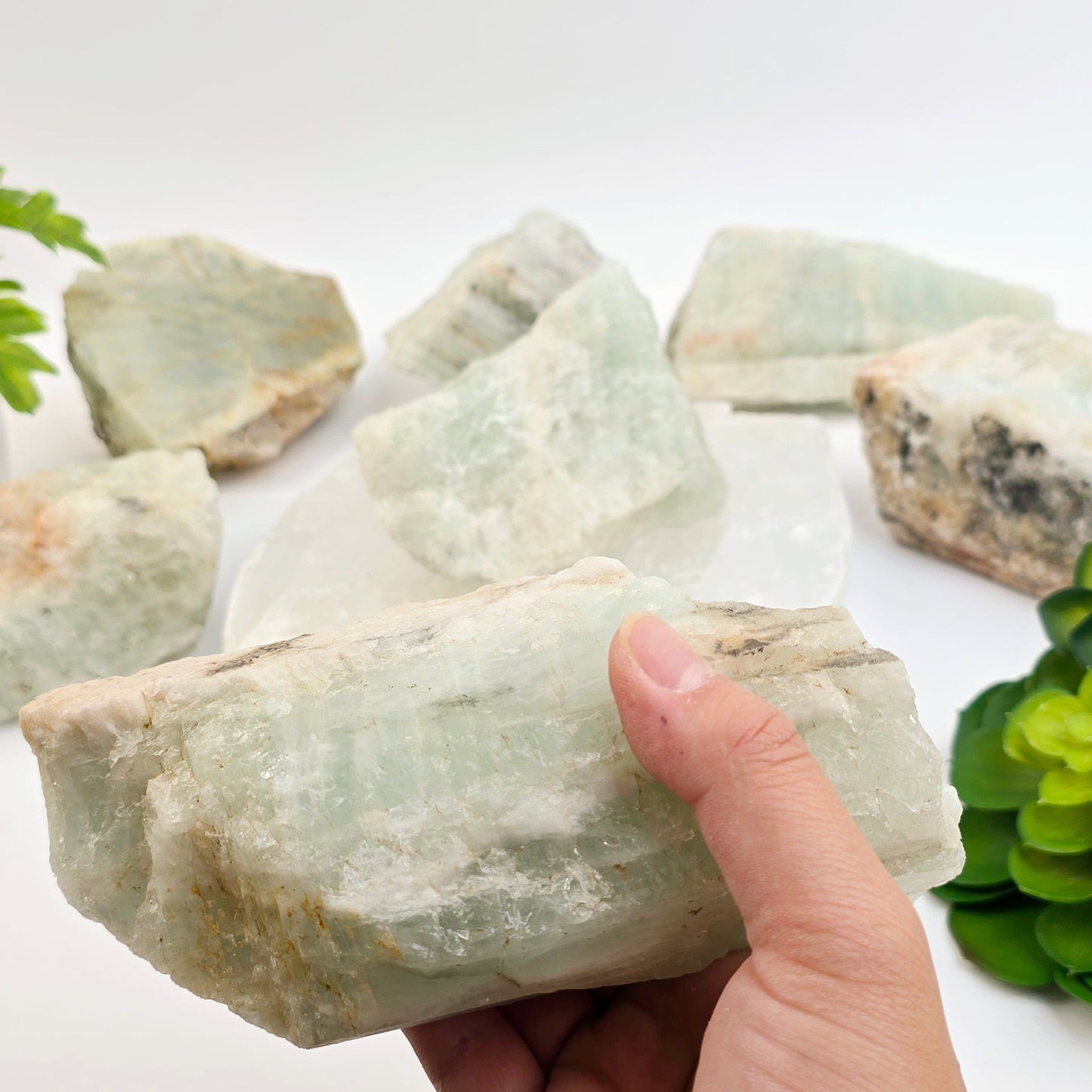 Aquamarine Rough Crystal - You Choose #1 variant 1 in hand for size reference with other variants in the background with props and plants
