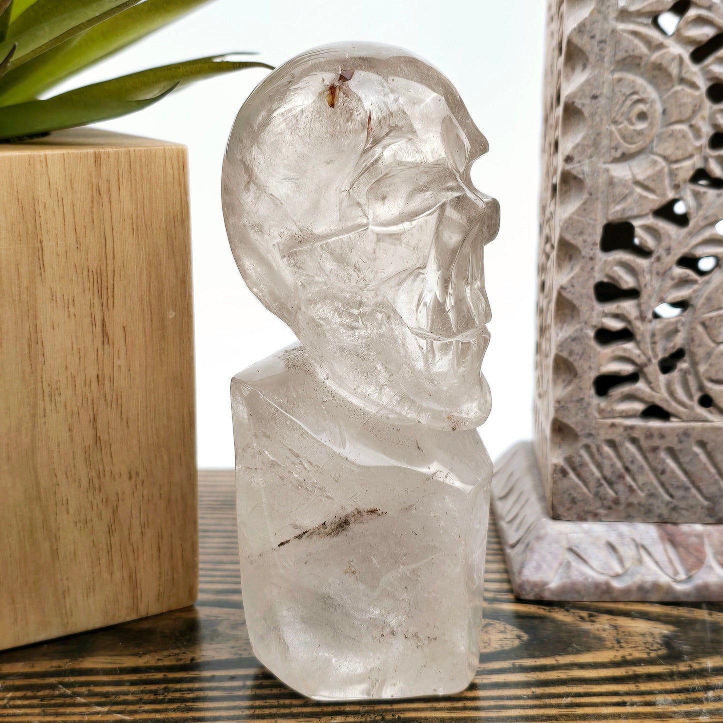 Crystal Quartz Skull Bust Sculpture - One-of-a-Kind side view