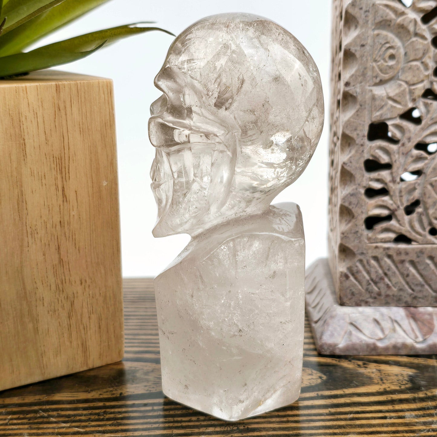 Crystal Quartz Skull Bust Sculpture - One-of-a-Kind side view