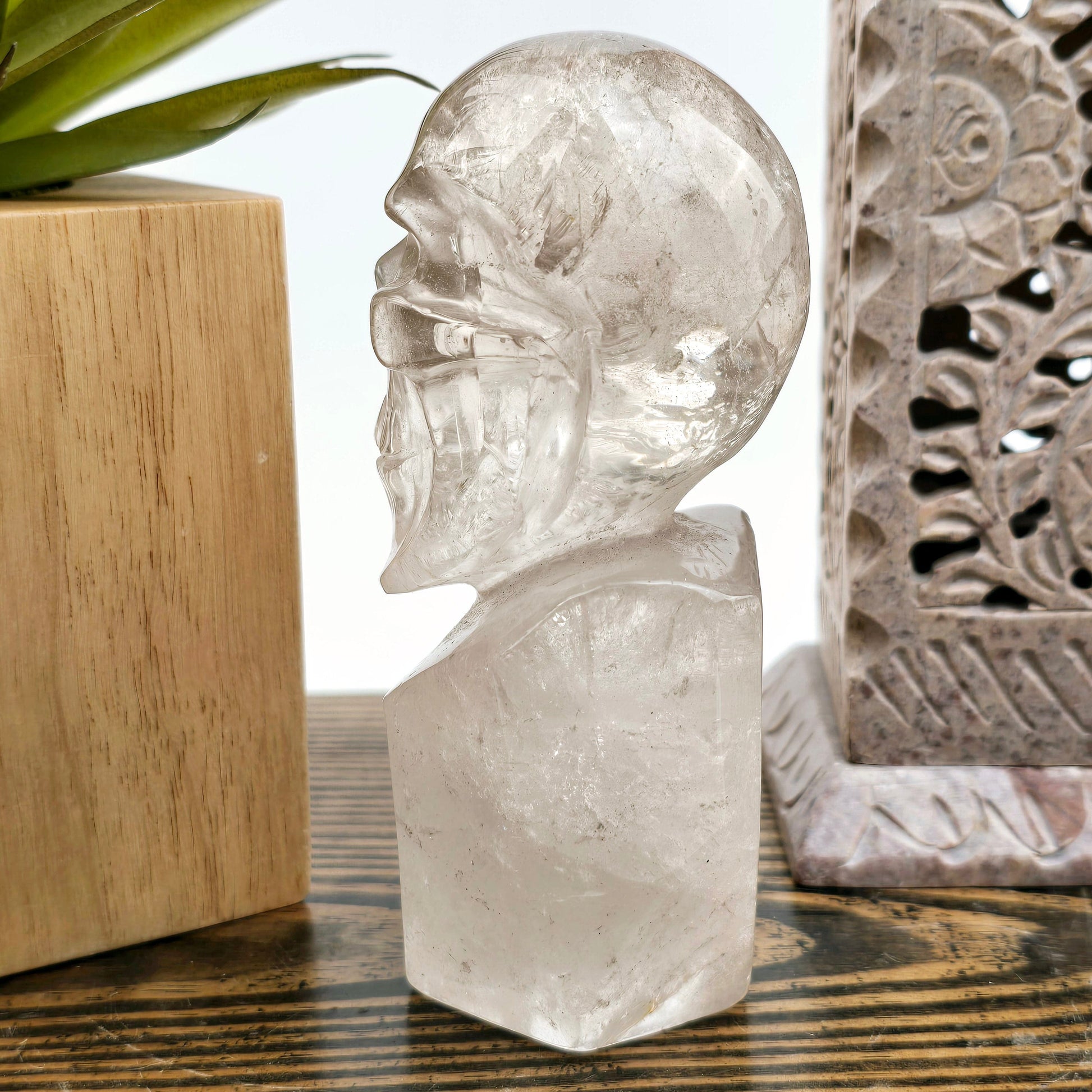 Crystal Quartz Skull Bust Sculpture - One-of-a-Kind side view