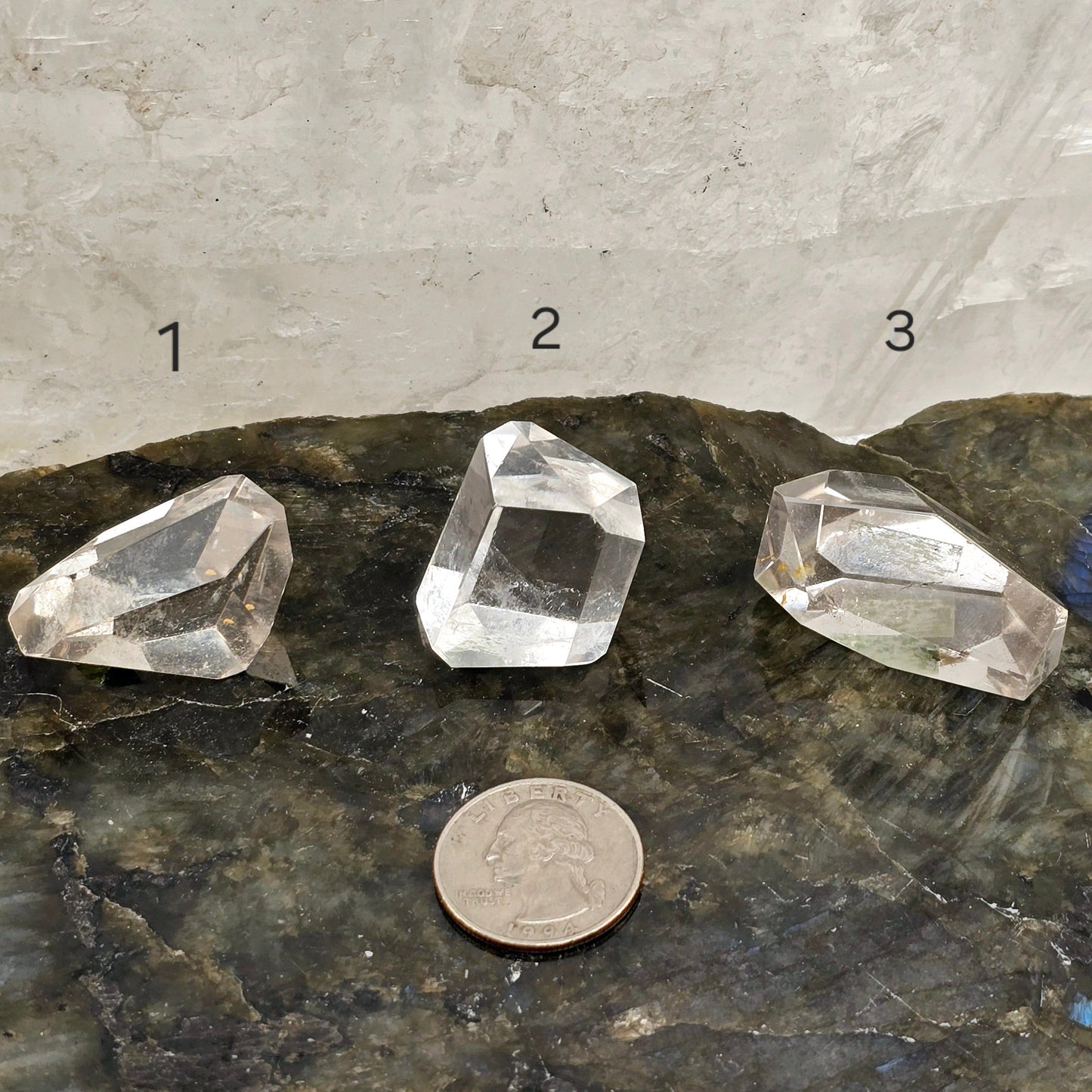 Crystal Quartz Freeform High Quality Polished Crystals from Brazil - You Choose #1 variants 1, 2, and 3 labeled with quarter for size reference