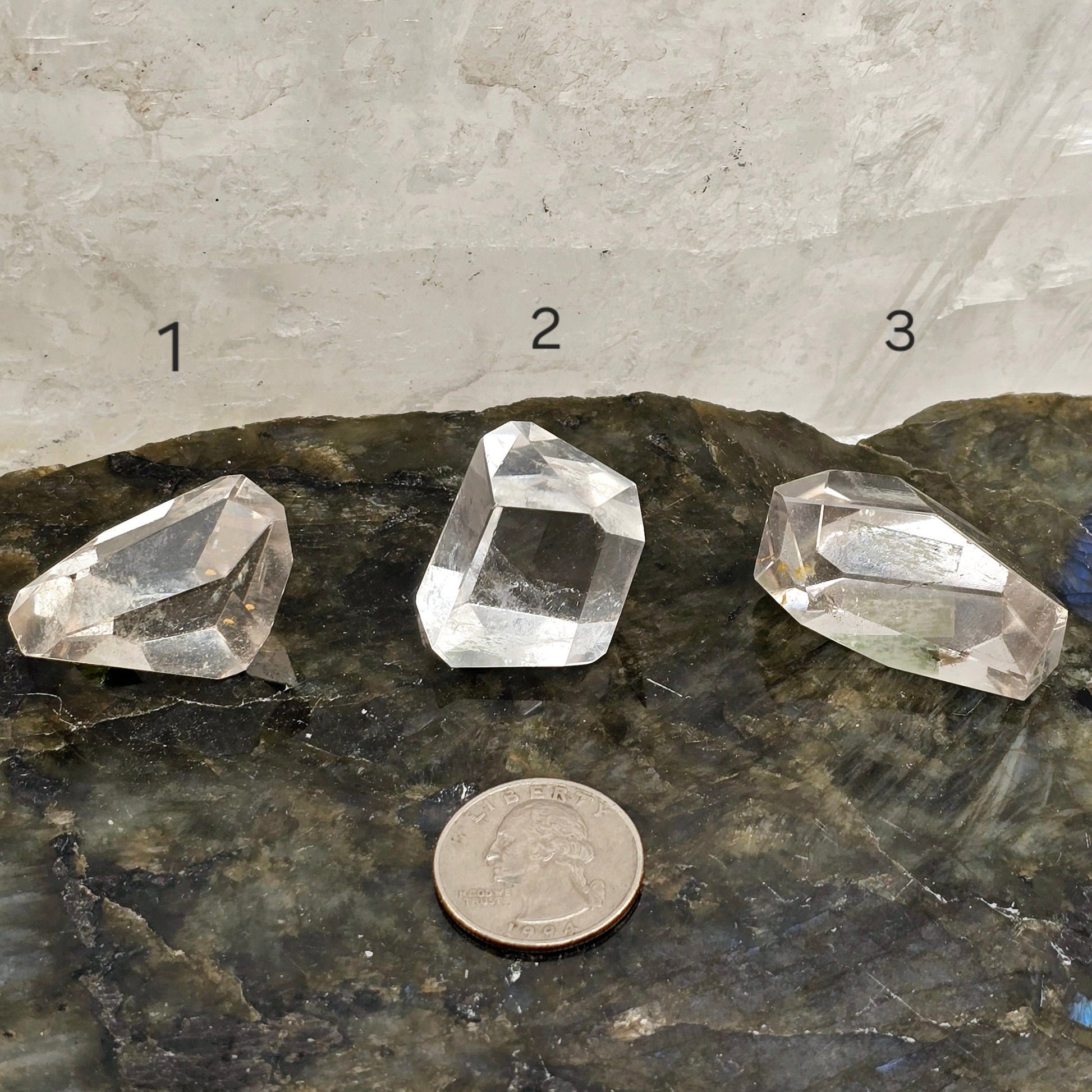 Crystal Quartz Freeform High Quality Polished Crystals from Brazil - You Choose #1 variants 1, 2, and 3 labeled with quarter for size reference