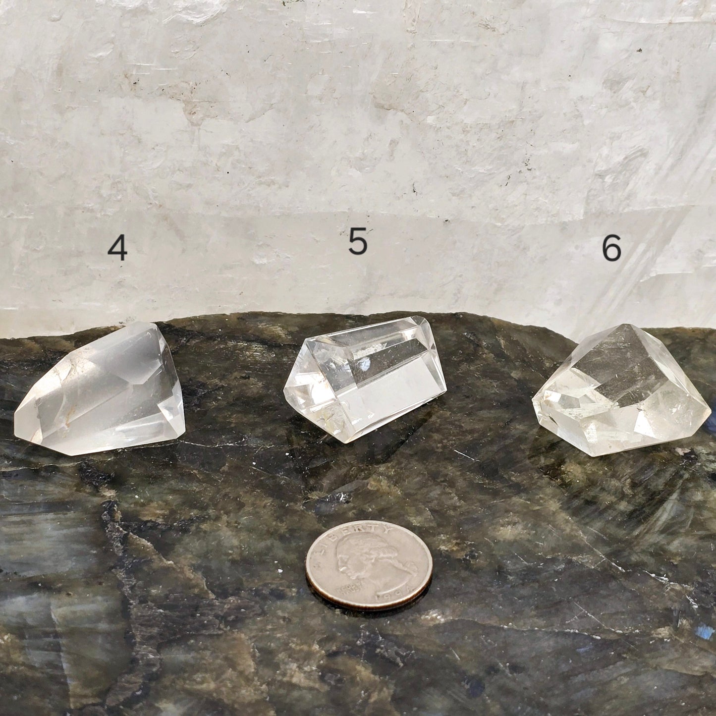 Crystal Quartz Freeform High Quality Polished Crystals from Brazil - You Choose #1 variants 4, 5, and 6 labeled with quarter for size reference