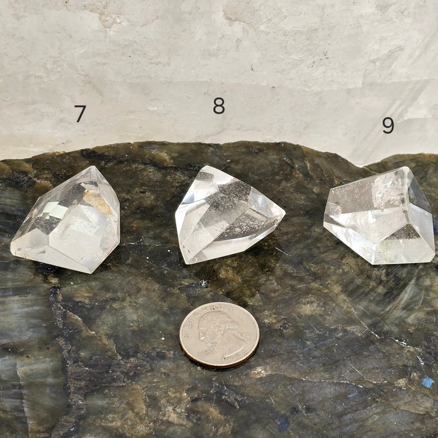 Crystal Quartz Freeform High Quality Polished Crystals from Brazil - You Choose #1 variants 7, 8, and 9 labeled with quarter for size reference