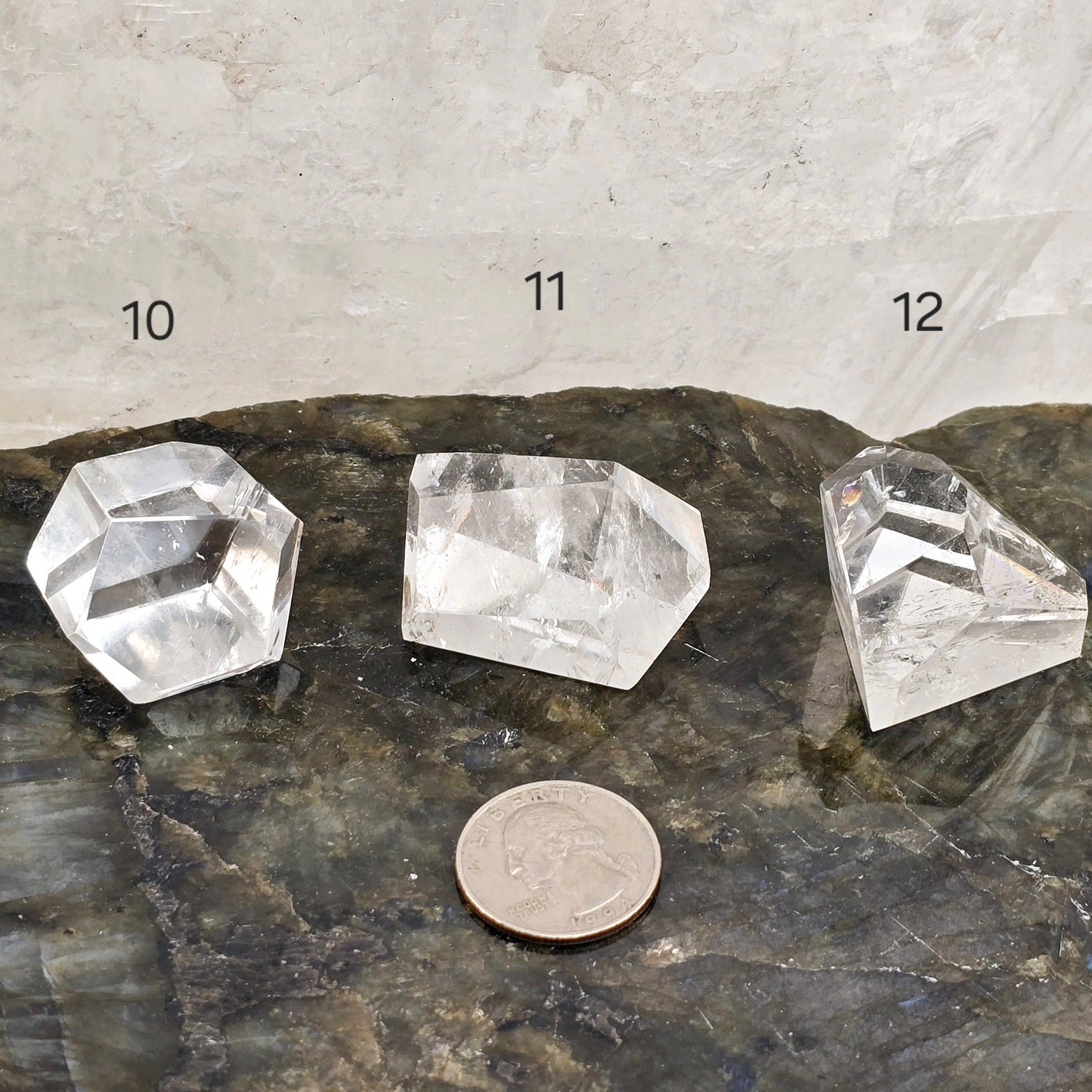 Crystal Quartz Freeform High Quality Polished Crystals from Brazil - You Choose #1 variants 10, 11, and 12 labeled with quarter for size reference