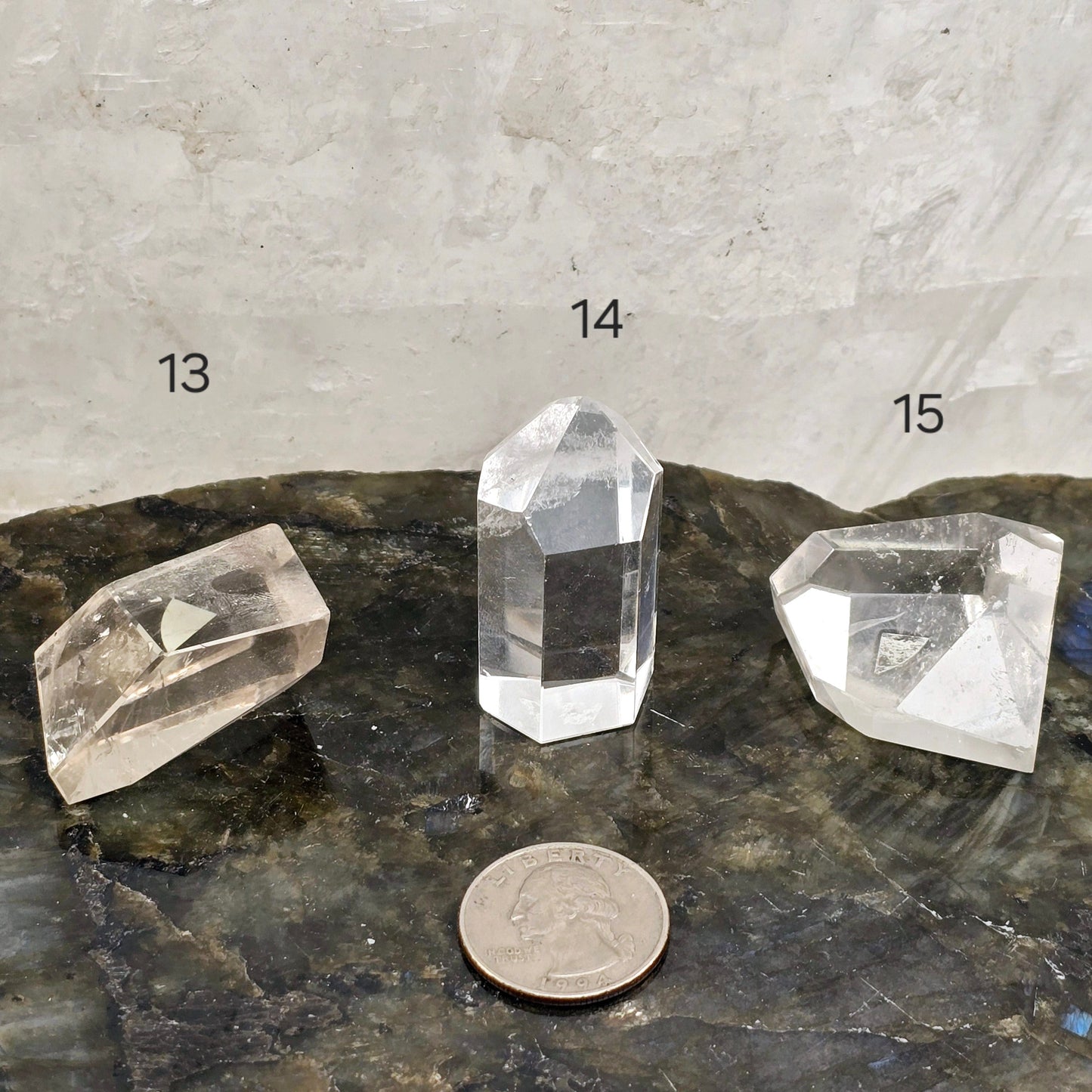 Crystal Quartz Freeform High Quality Polished Crystals from Brazil - You Choose #1 variants 13, 14, and 15 labeled with quarter for size reference