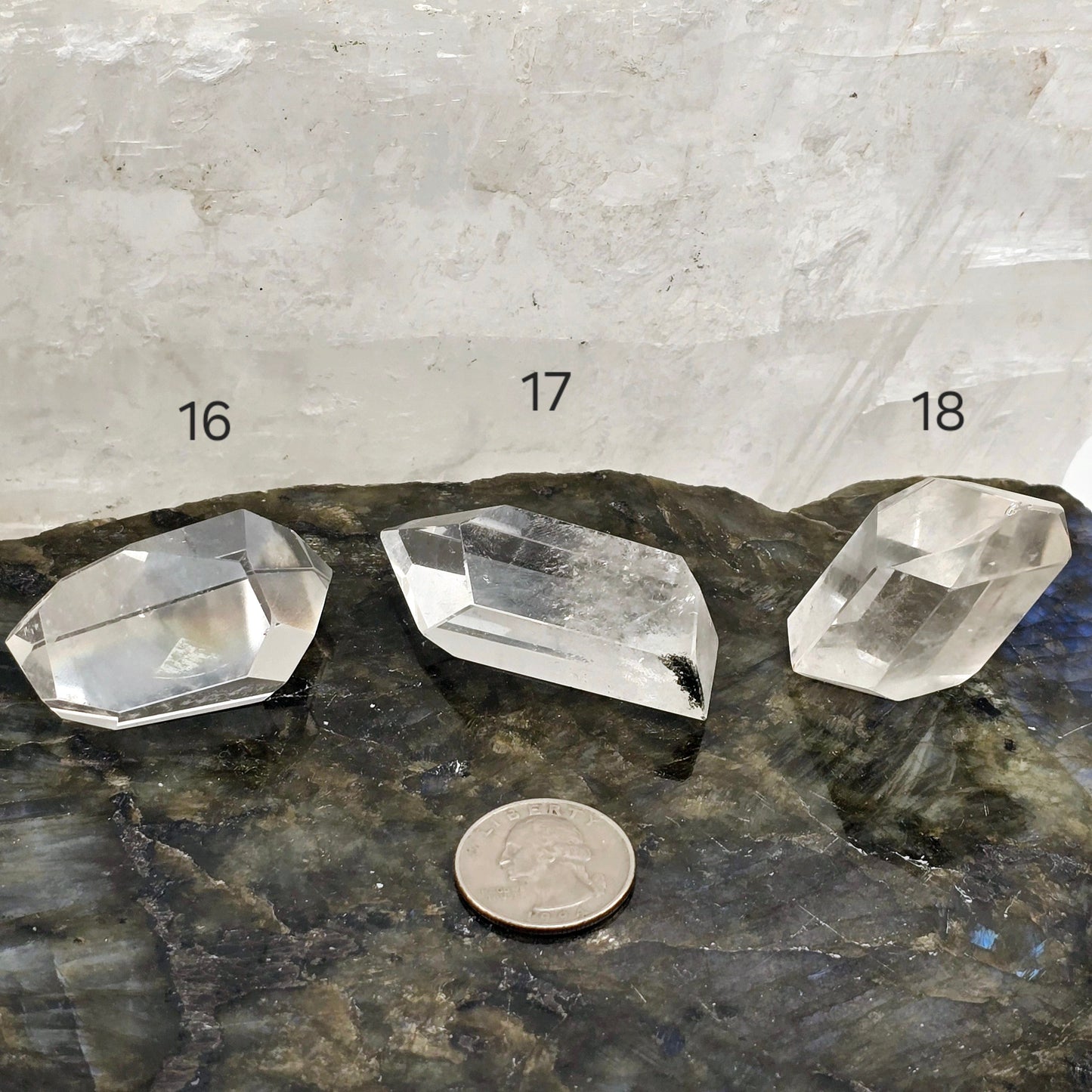 Crystal Quartz Freeform High Quality Polished Crystals from Brazil - You Choose #1 variants 16, 17, and 18 labeled with quarter for size reference