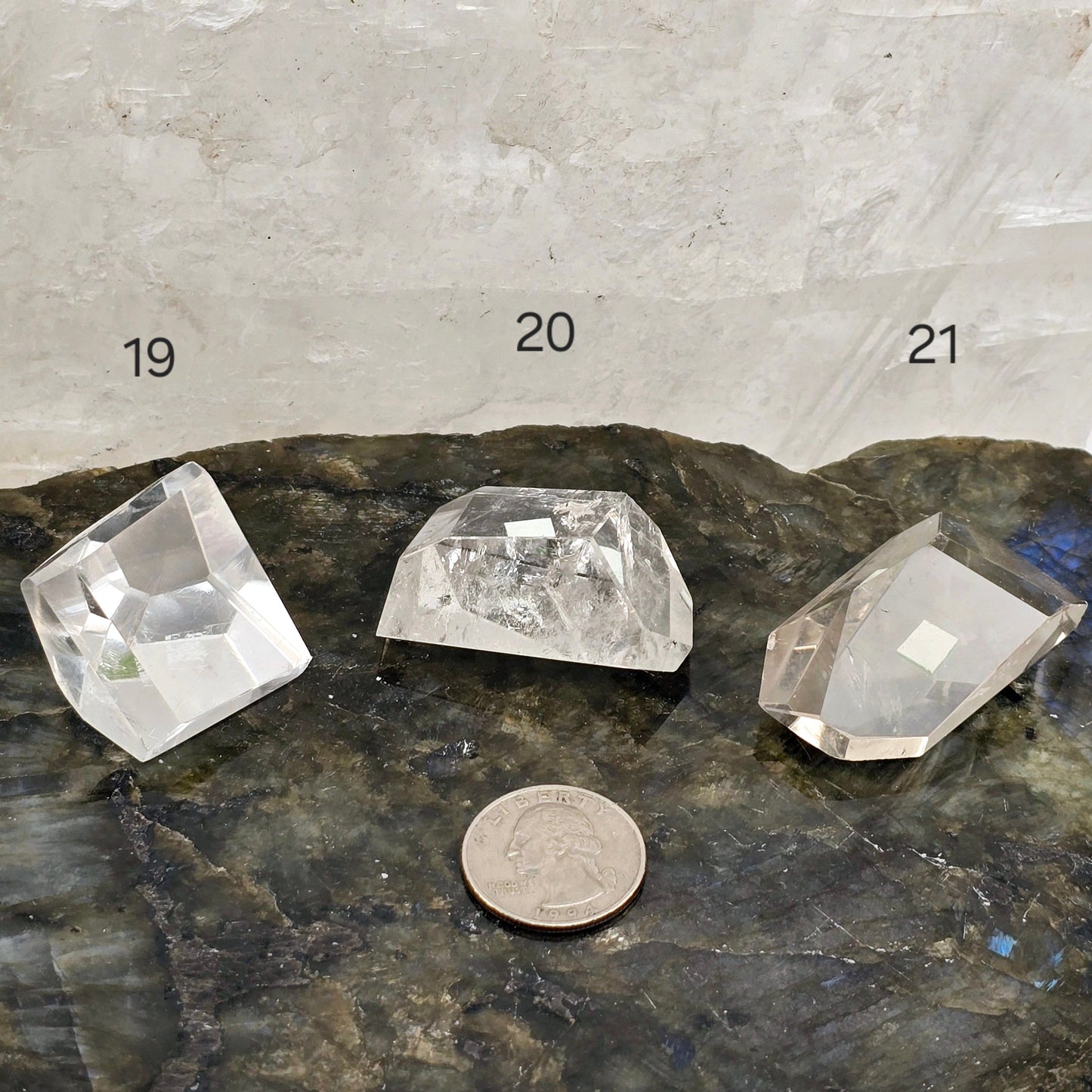 Crystal Quartz Freeform High Quality Polished Crystals from Brazil - You Choose #1 variants 19, 20, and 21 labeled with quarter for size reference