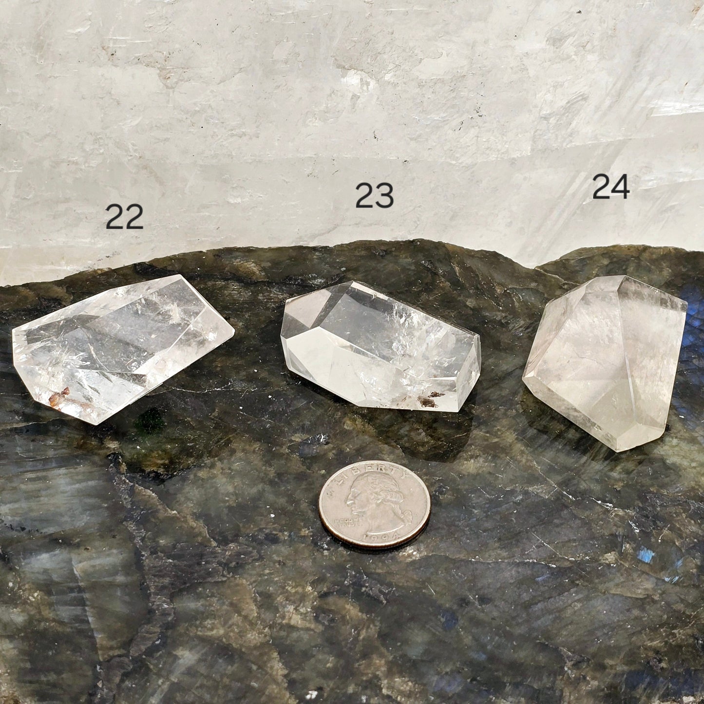 Crystal Quartz Freeform High Quality Polished Crystals from Brazil - You Choose #1 variants 22, 23, and 24 labeled with quarter for size reference