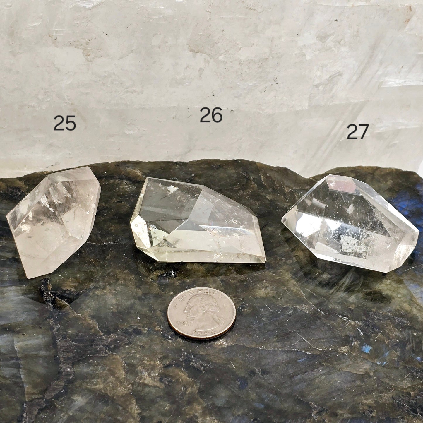 Crystal Quartz Freeform High Quality Polished Crystals from Brazil - You Choose #1 variants 25, 26, and 27 labeled with quarter for size reference