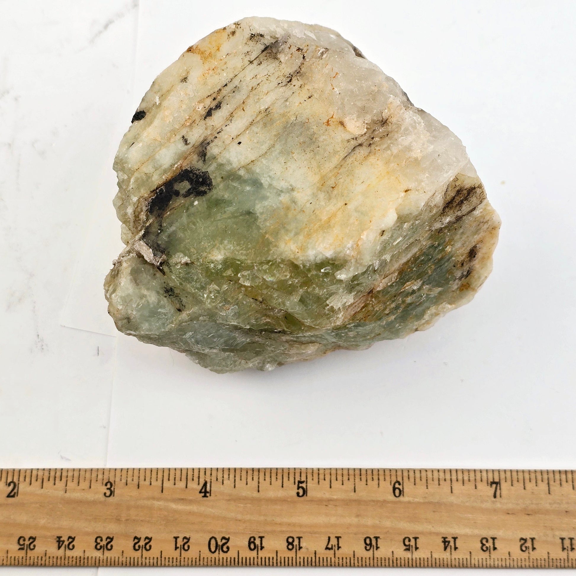 Aquamarine with Black Tourmaline and Mica - Rough Crystal - One-of-a-Kind #1 with ruler for size reference top view
