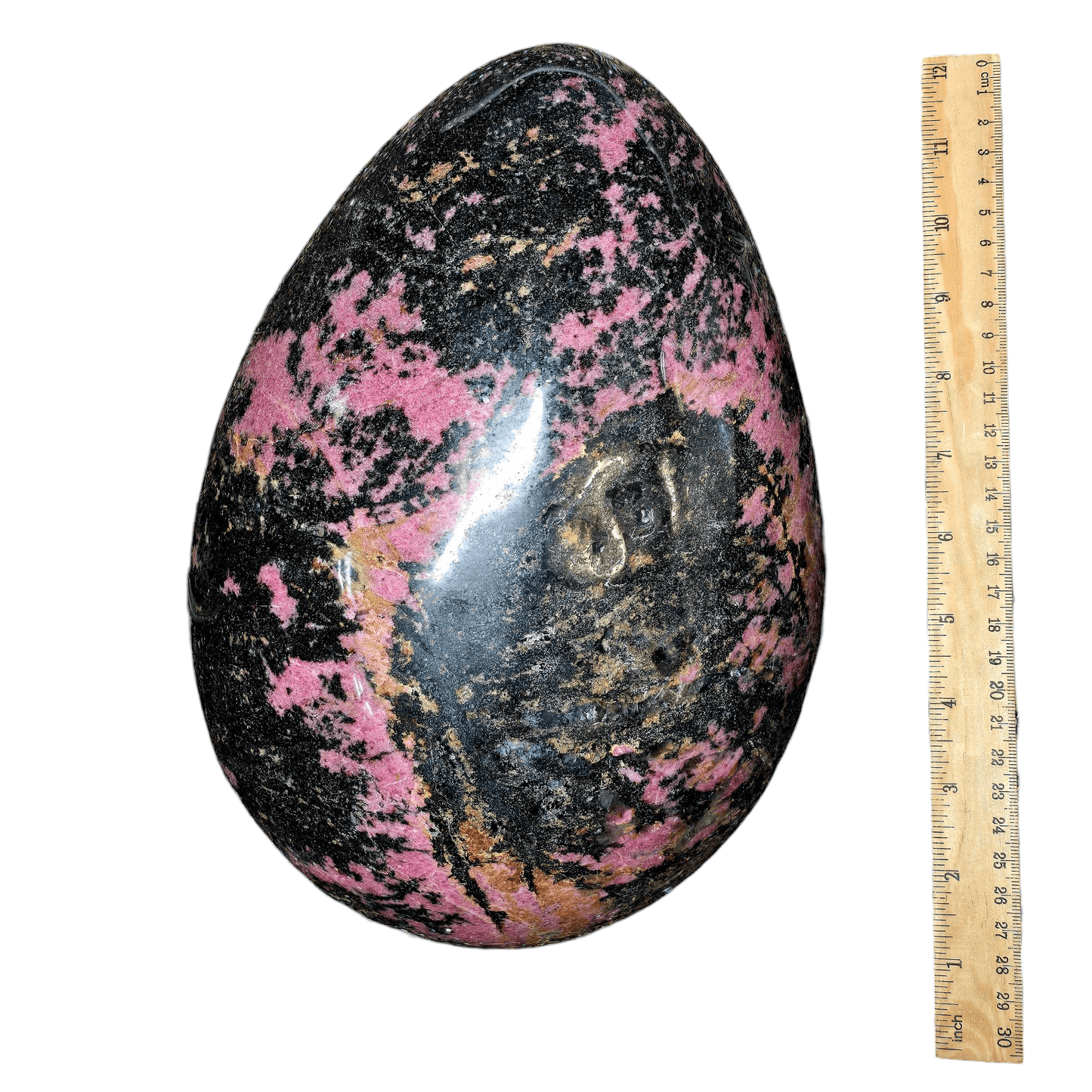 Giant Rhodonite Polished Crystal Egg - One-of-a-Kind side view with ruler for size reference