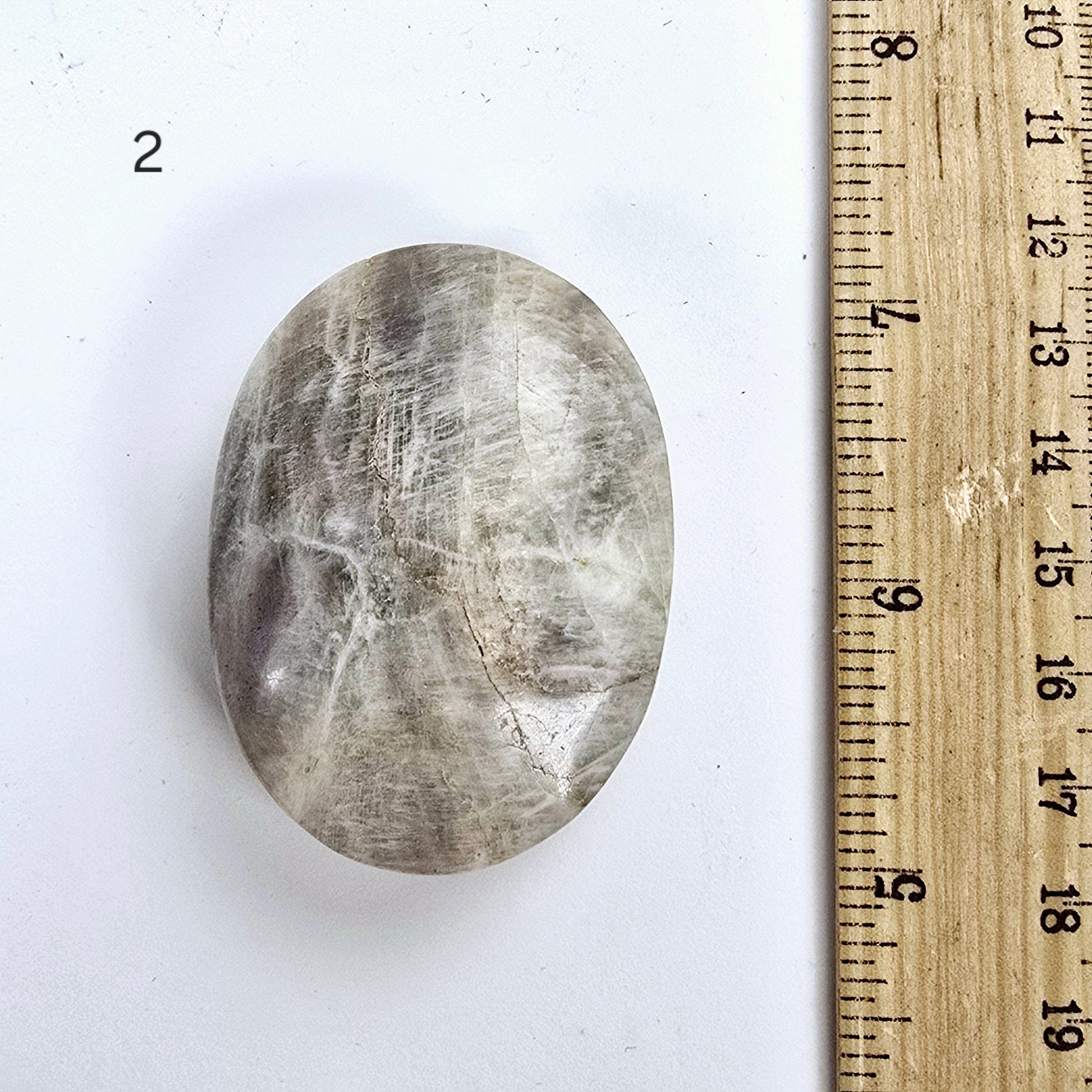 Peach Moonstone Crystal Palm Stone - You Choose variant 2 labeled with ruler for size reference