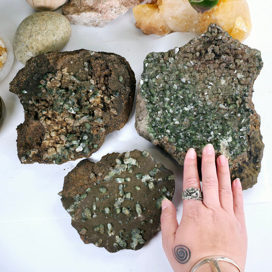 Ludlamite Crystal Cluster on Matrix - Rare Find - You Choose all variants with hand for size reference with props in the background