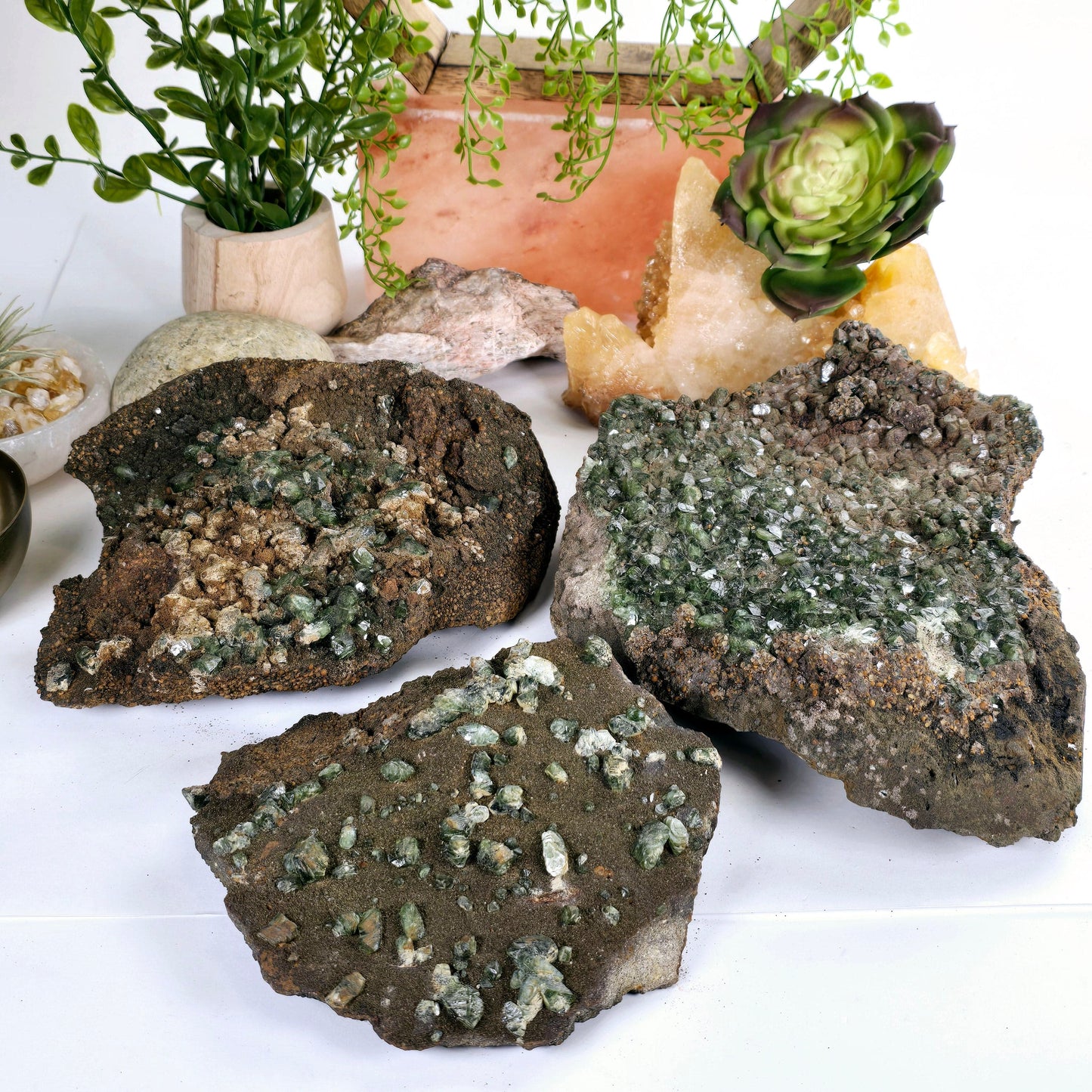 Ludlamite Crystal Cluster on Matrix - Rare Find - You Choose all variants with props and plants in the background