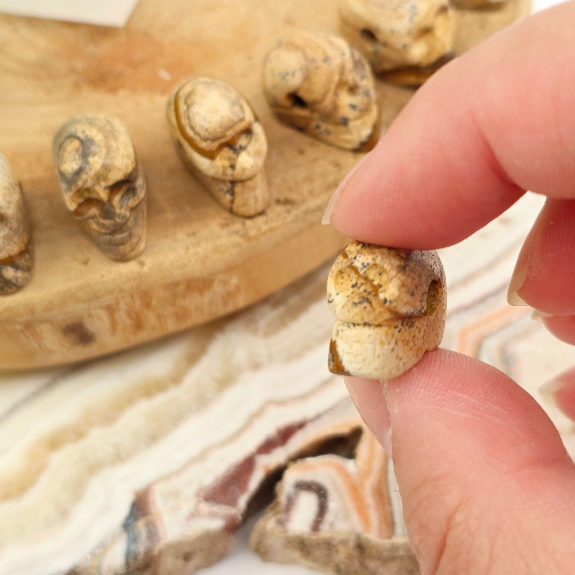 Picture Jasper Crystal Skull Bead one in hand for size reference with others in background