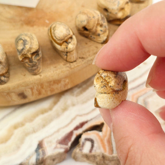 Picture Jasper Crystal Skull Bead one in hand for size reference with others in background