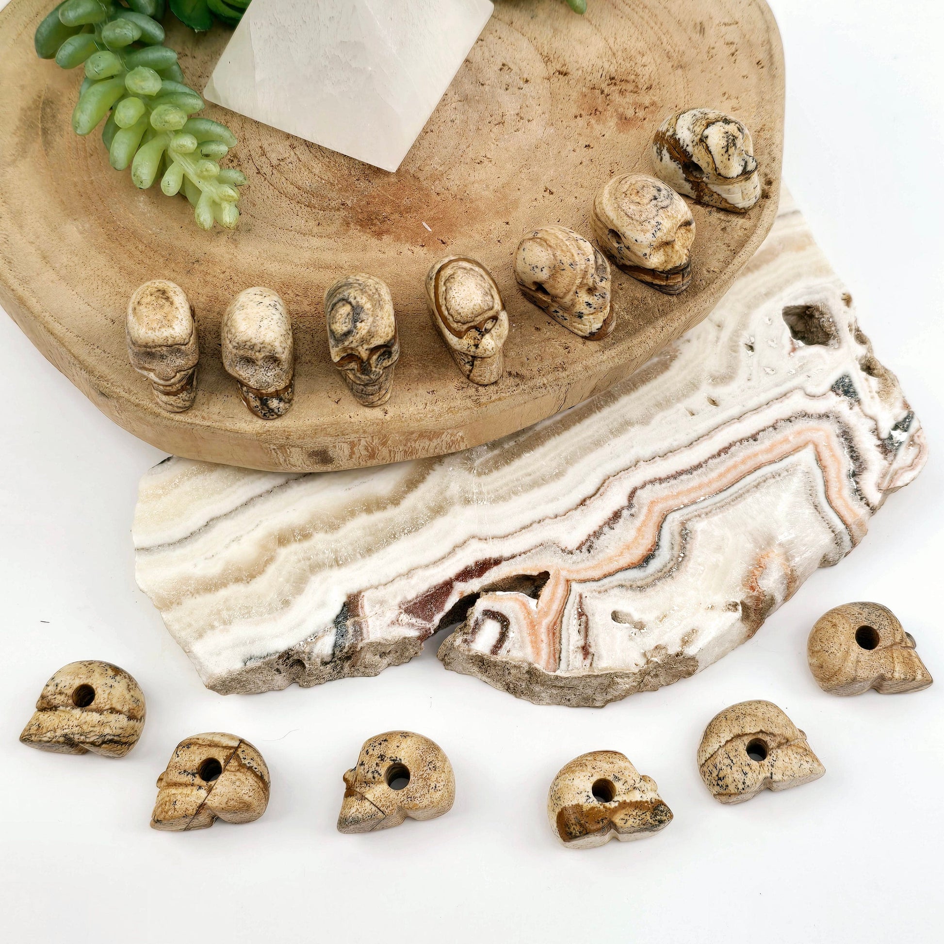 Picture Jasper Crystal Skull Bead arranged aesthetically on wooden platter with props and plants