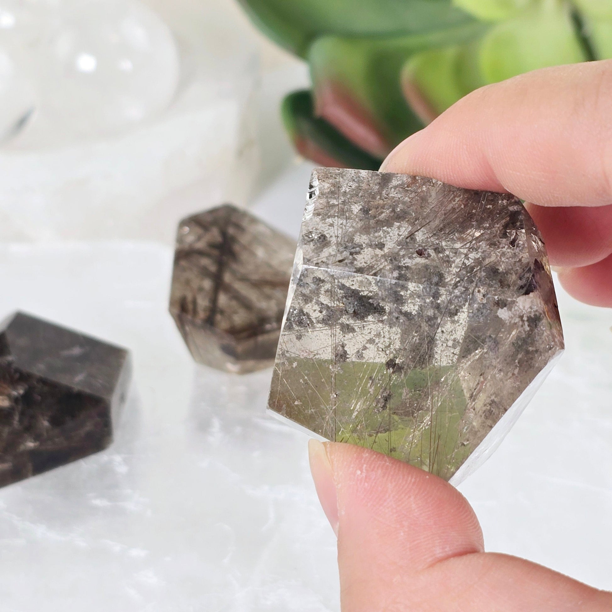 Rutilated Quartz - Polished Freeform Crystal - YOU CHOOSE #3 variant 3 in hand for size reference with other variants in the background with props and plants