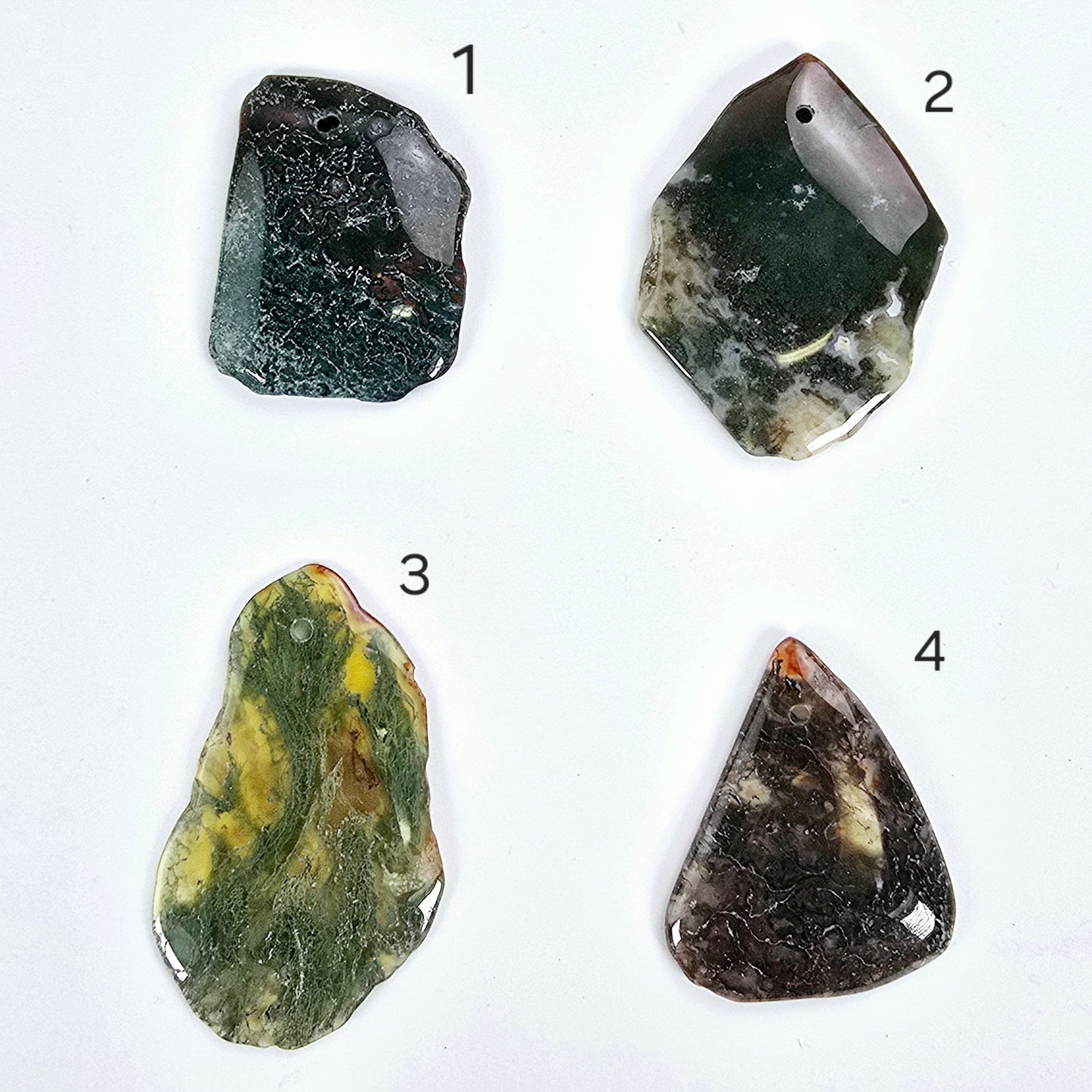 Moss Agate Freeform Crystal Pendant - Top Front Drilled - You Choose #1 variants 1, 2, 3, and 4 labeled 