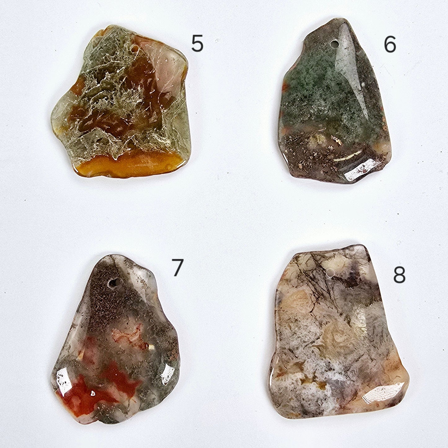 Moss Agate Freeform Crystal Pendant - Top Front Drilled - You Choose #1 variants 5, 6, 7, and 8 labeled 