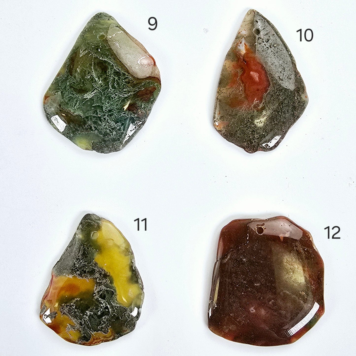 Moss Agate Freeform Crystal Pendant - Top Front Drilled - You Choose #1 variants 9, 10, 11, and 12 labeled 