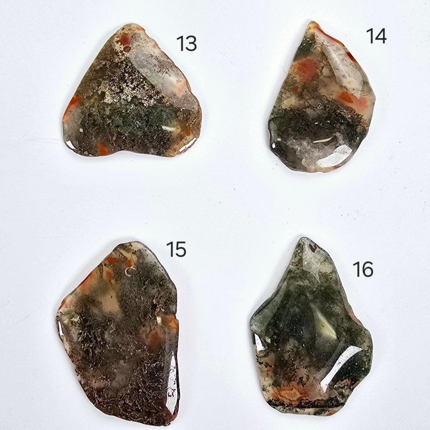 Moss Agate Freeform Crystal Pendant - Top Front Drilled - You Choose #1 variants 13, 14, 15, and 16 labeled 