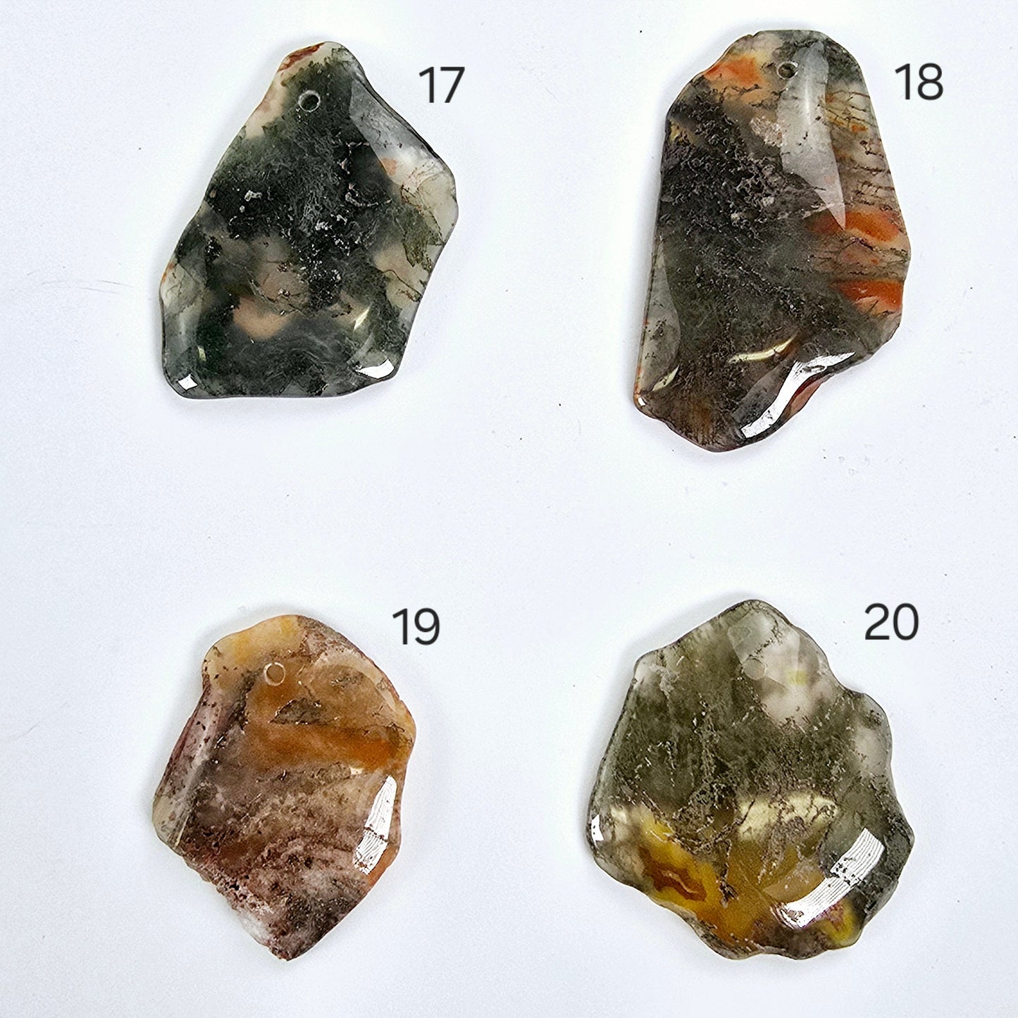 Moss Agate Freeform Crystal Pendant - Top Front Drilled - You Choose #1 variants 17, 18, 19, and 20 labeled
