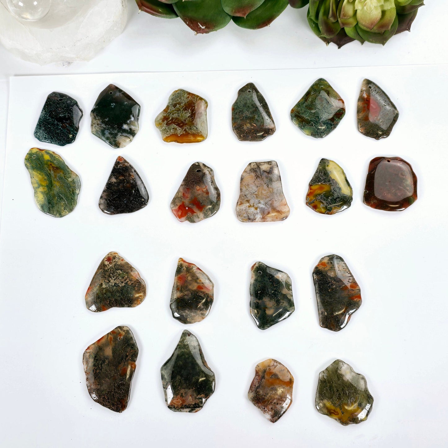 Moss Agate Freeform Crystal Pendant - Top Front Drilled - You Choose #1 all variants top front view
