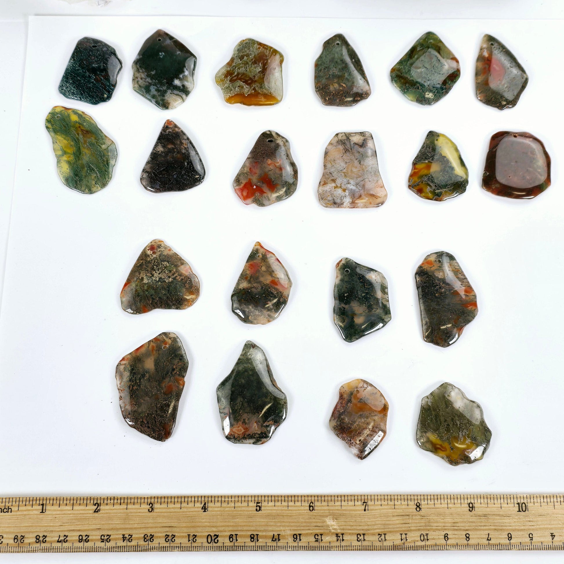 Moss Agate Freeform Crystal Pendant - Top Front Drilled - You Choose #1 all variants with ruler for size reference