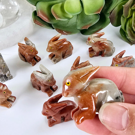 Soapstone Crystal Rabbit Carving from Peru - You Choose one in hand for size reference with others in the background with props and plants