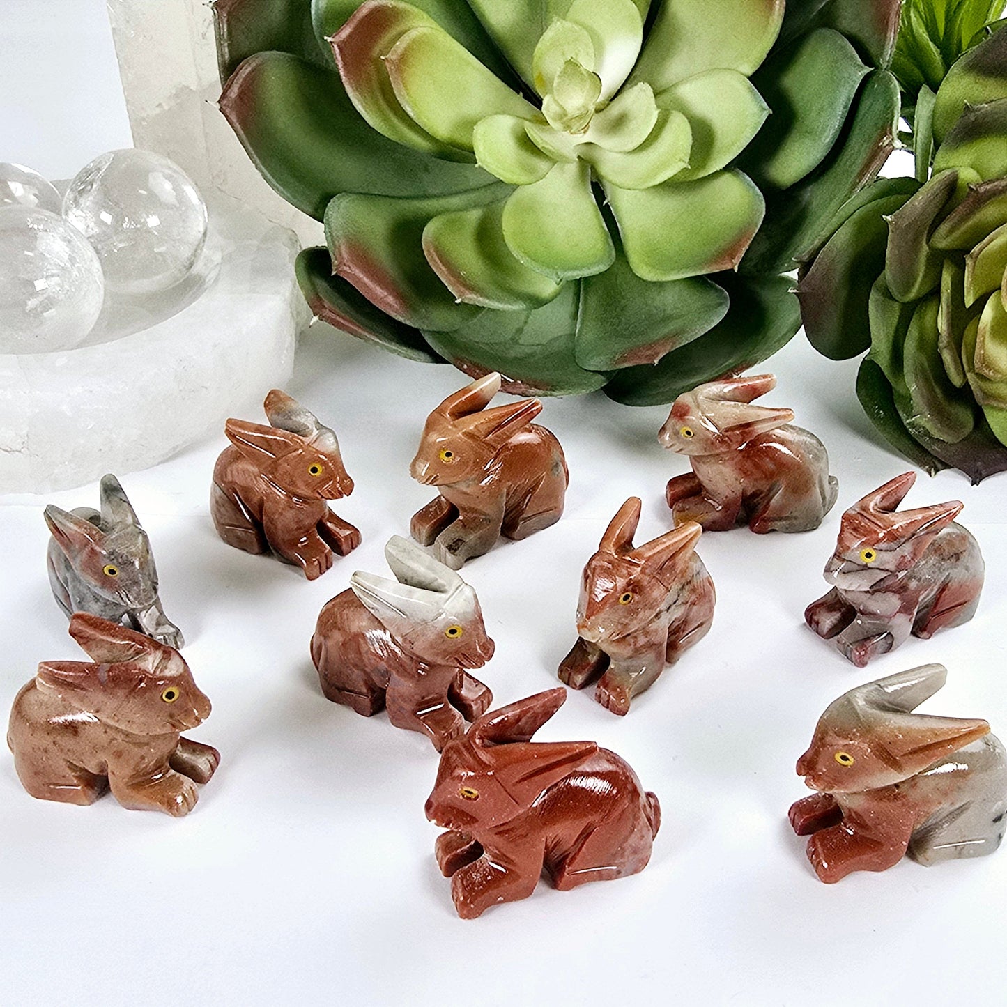 Soapstone Crystal Rabbit Carving from Peru - You Choose all variants with props and plants in the background