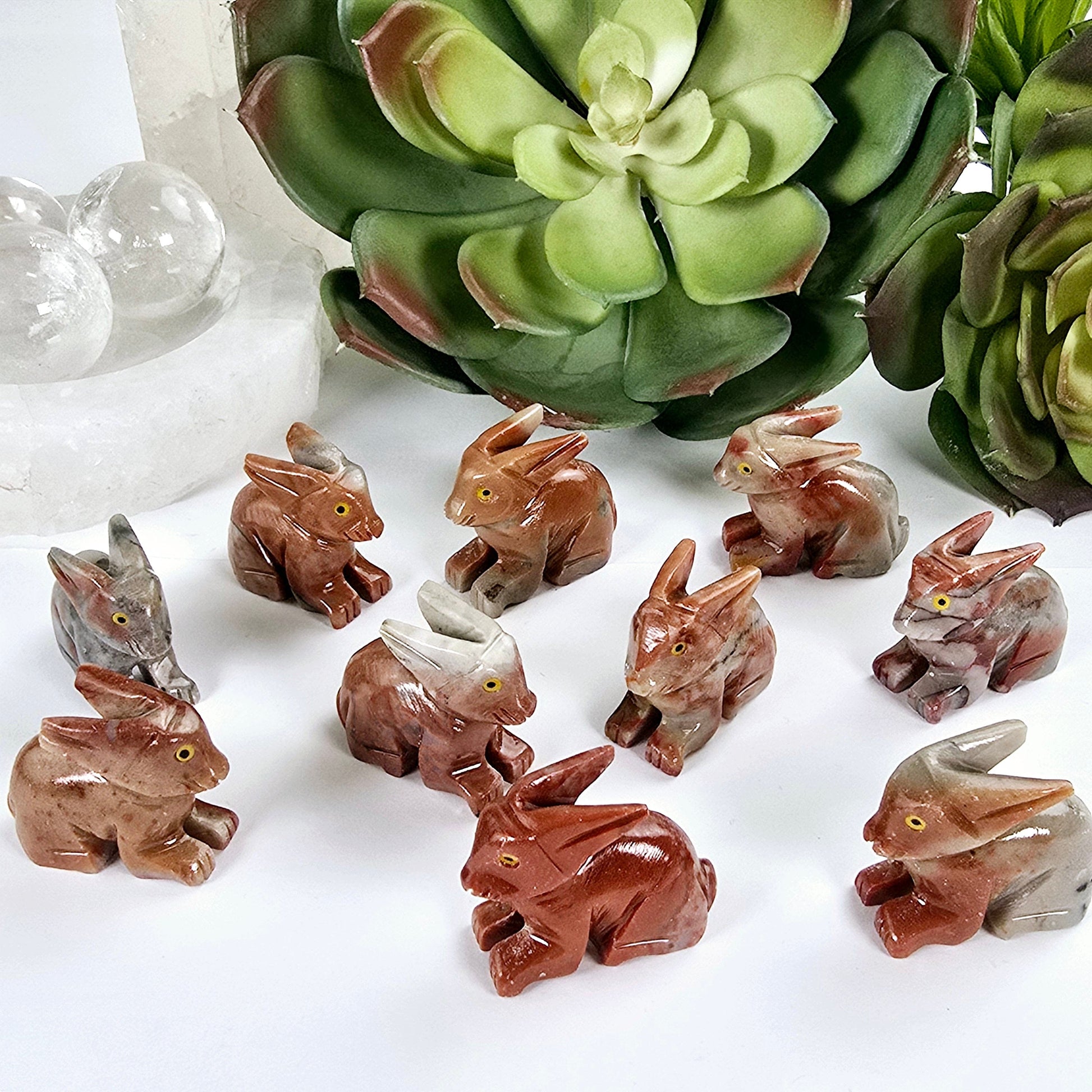 Soapstone Crystal Rabbit Carving from Peru - You Choose all variants with props and plants in the background