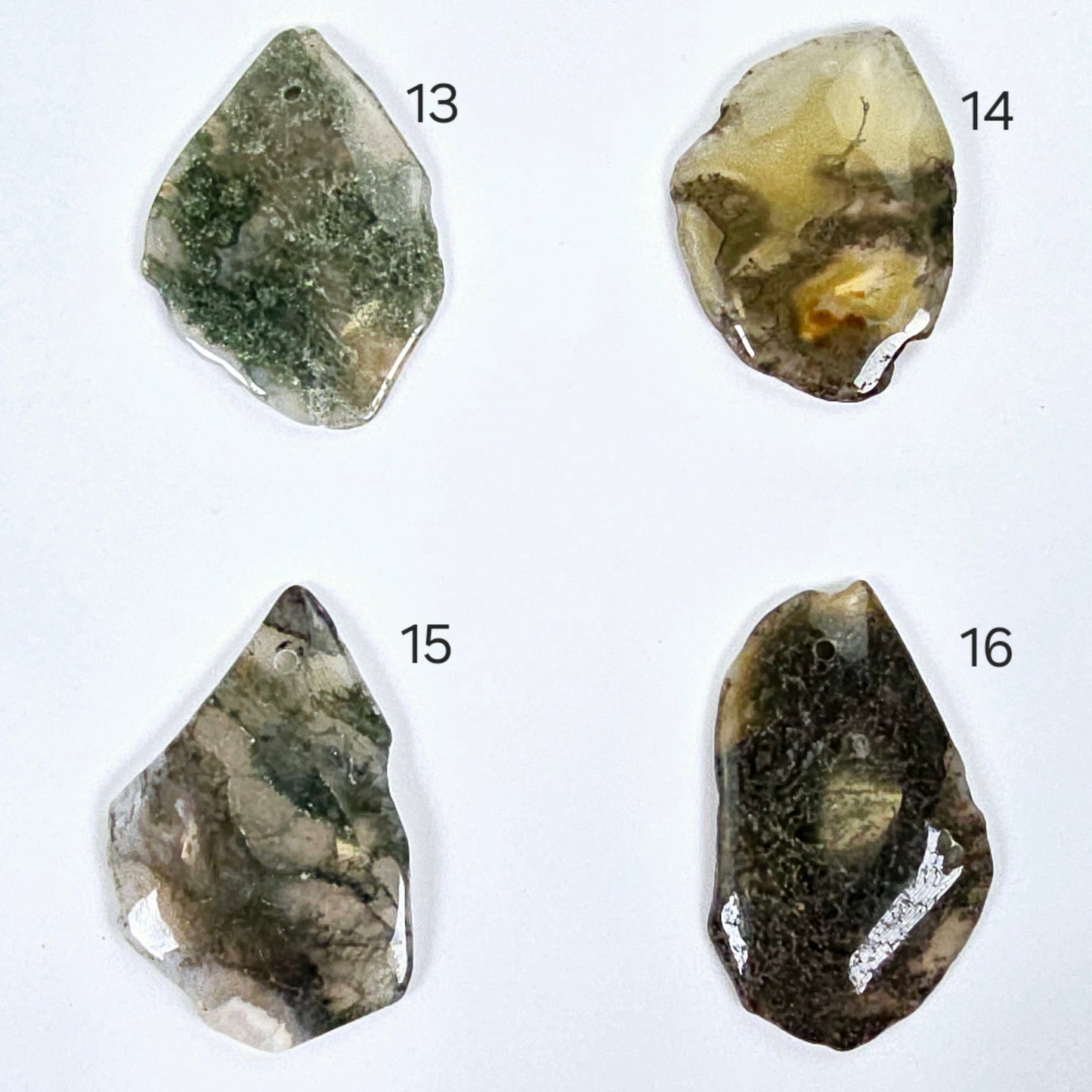 Moss Agate Freeform Crystal Pendant - Top Front Drilled - You Choose #2 variants 13, 14, 15, and 16 labeled